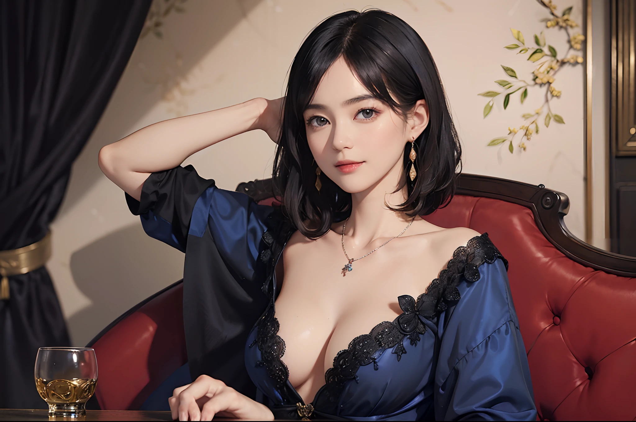 ((1womanl)), (((Black shorthair))), (masuter piece:1,2)、top-quality、masterpiece、hight resolution、Original、highly detailed wallpaper、dress code、Luxurious necklace, A slight smil、a small face、(Breast)、(Red or blue dress)、Live-action style