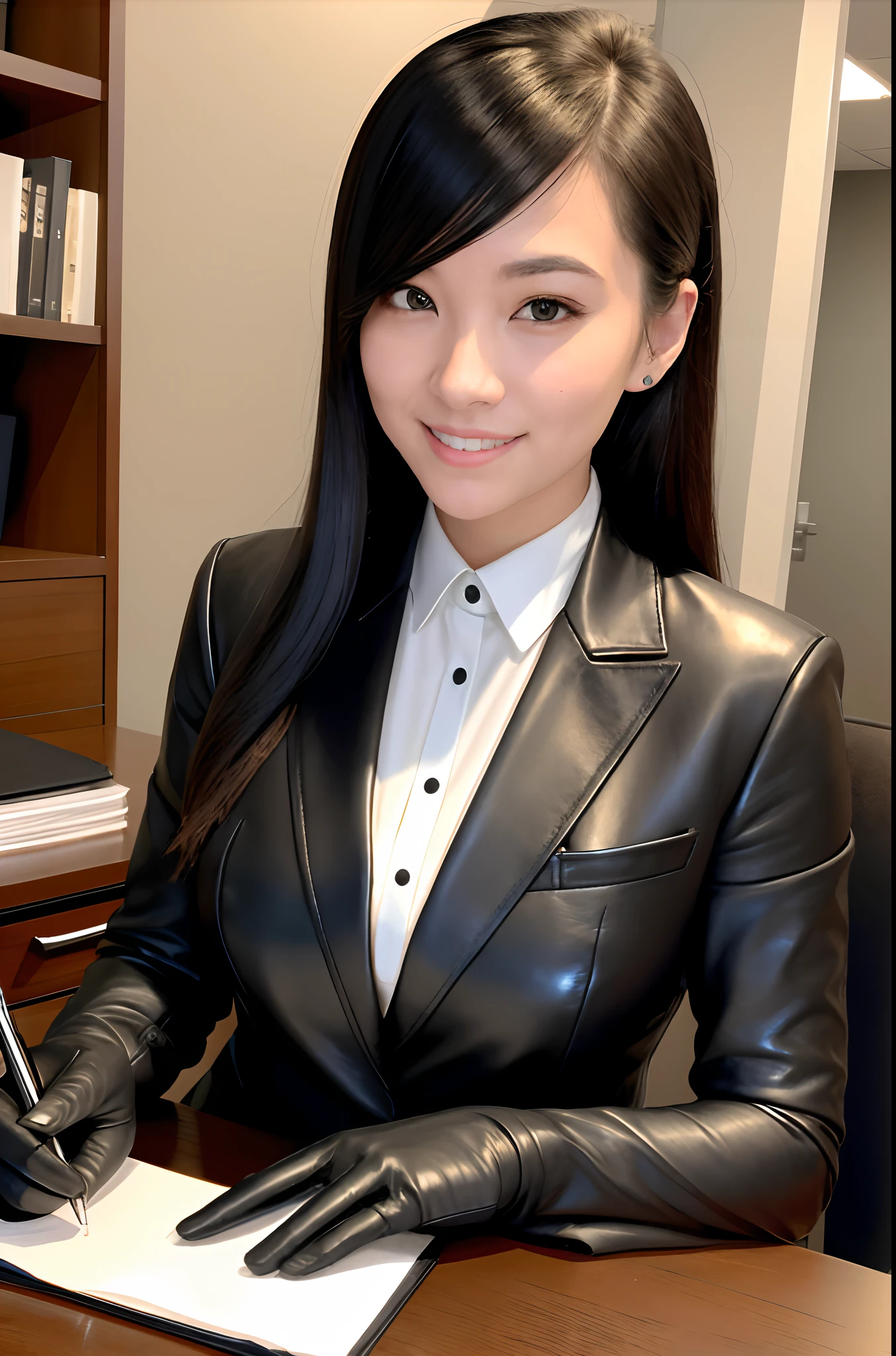 Woman in black leather jacket writing on notepad in office, wearing black business suit, wearing a black noble suit, Wearing a strict business suit, wearing a business suit, Wearing a business suit, Girl in suit, wearing fashion suit, wearing leather coat, black leather slim clothes, Girl in a suit, Black business suit, wearing tight suit, Leather, wearing black suit