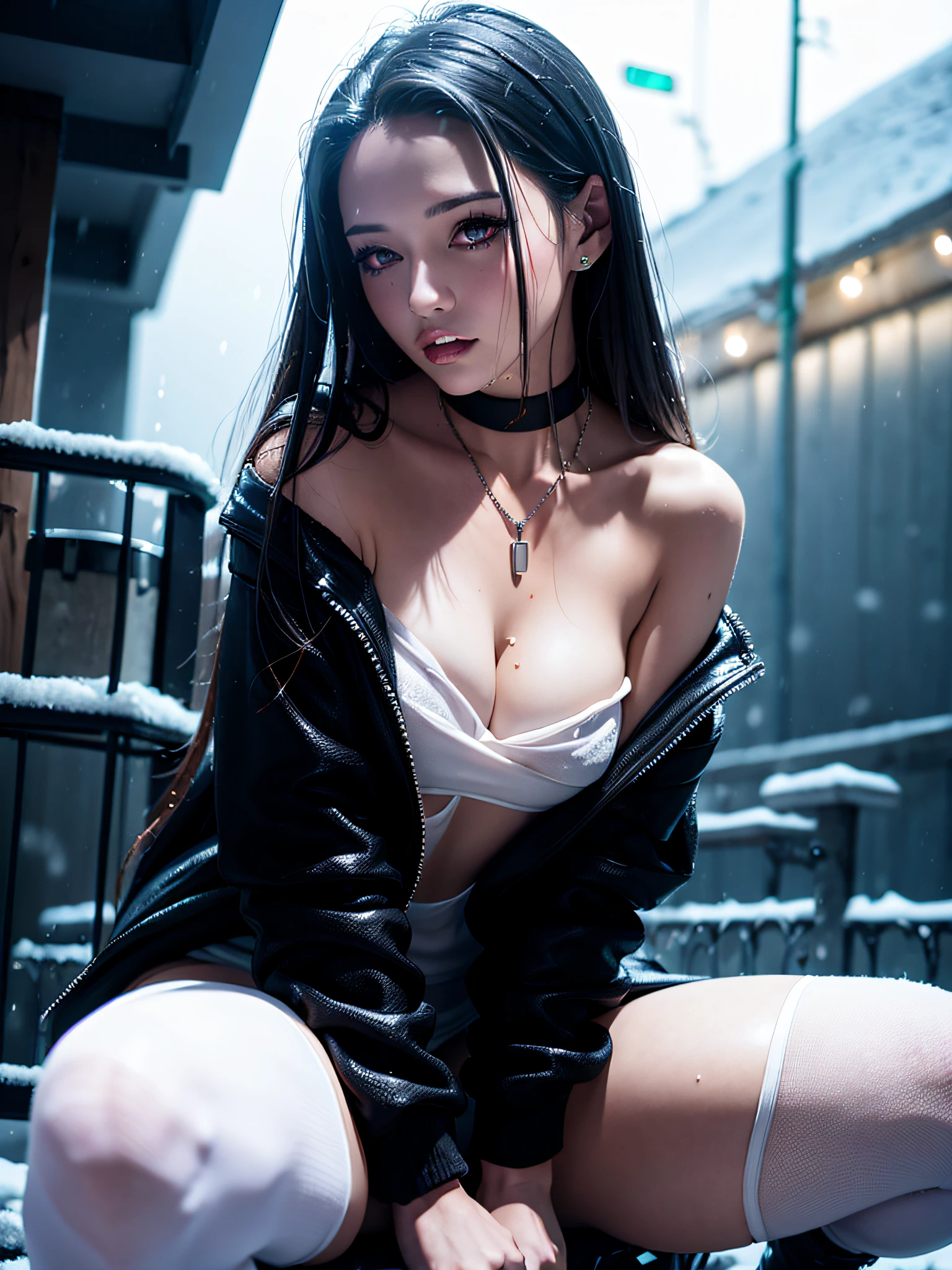 tall girl with fangs sitting in the street at night, sexy pose ,snow on the ground, wet clothes, seductive, beauty spot on chin, wearing a loose oversized jacket, off the shoulder, fishnet leggings, wearing an oversized dress, wearing a long loose white shirt, sexy thighs, side pose, small mole on the chin, blushing, neon lights in the background, detailed background, raining, long sleeves, neck choker with necklace, long necklace, evil look, detailed digital anime art