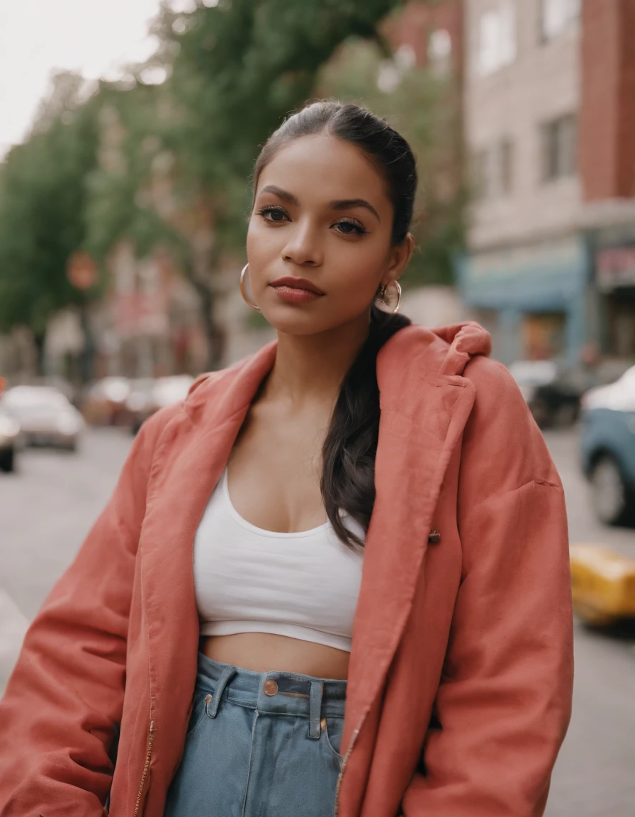 in the style of rap aesthetics,Pregnant women dressed in fashion, Chicago, USA, make for a memorable photo, The background is to charming neighbourhoods and colourful street art, photo taken with fujifilm superia, charly amani,
