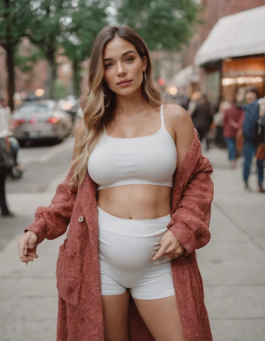 in the style of rap aesthetics,Pregnant women dressed in fashion, Chicago, USA, make for a memorable photo, The background is to charming neighbourhoods and colourful street art, photo taken with fujifilm superia, charly amani,
