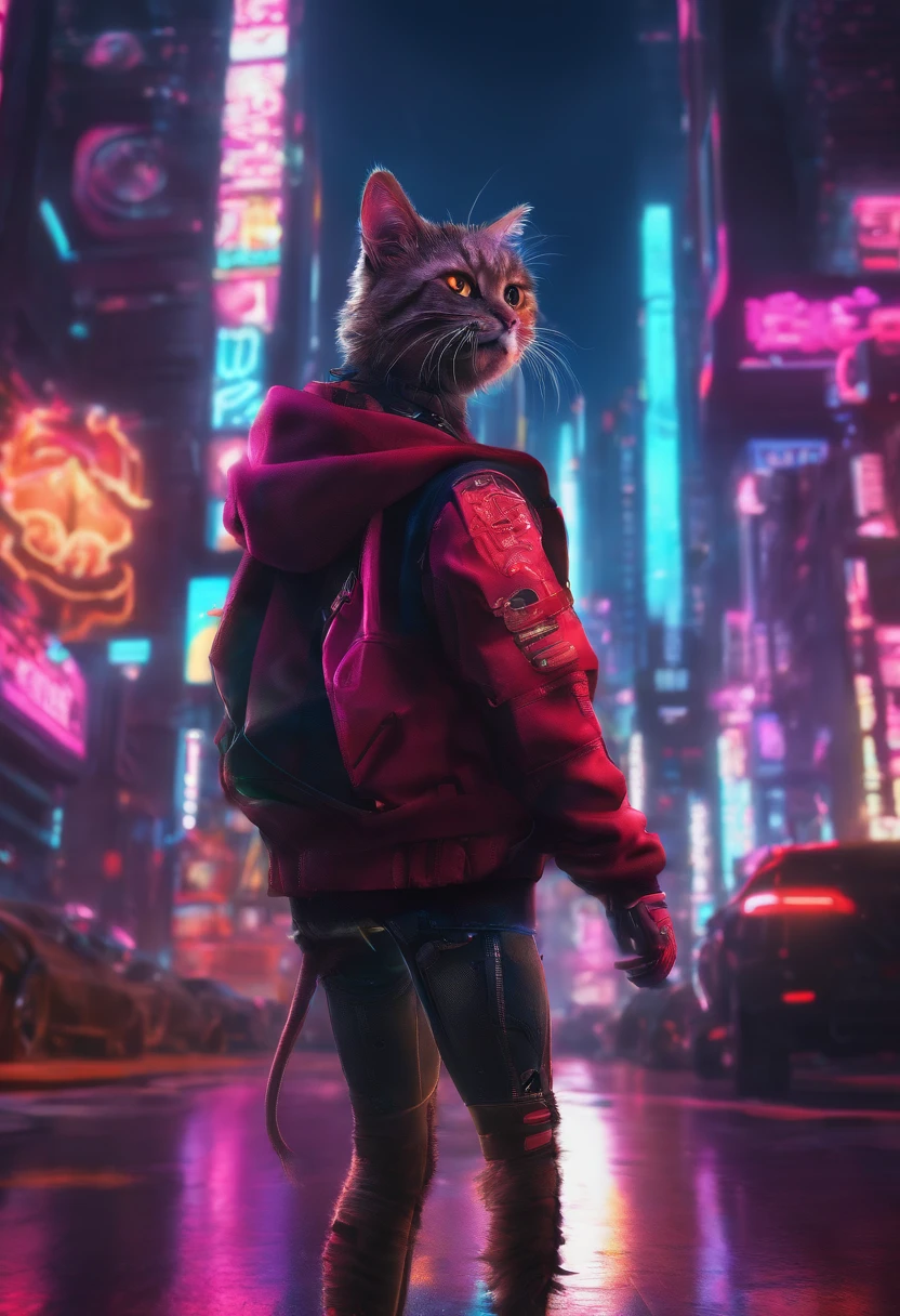 Cyberpunk style cat in sweatshirt,Ultra sci-fi,Nothing to do with web images,Has a very unique personality,Extreme light chasing,Extreme light chasing,Extremely reflected light,Ultra-delicate skin and clothes,Super delicate hair,unity,Extreme sci-fi