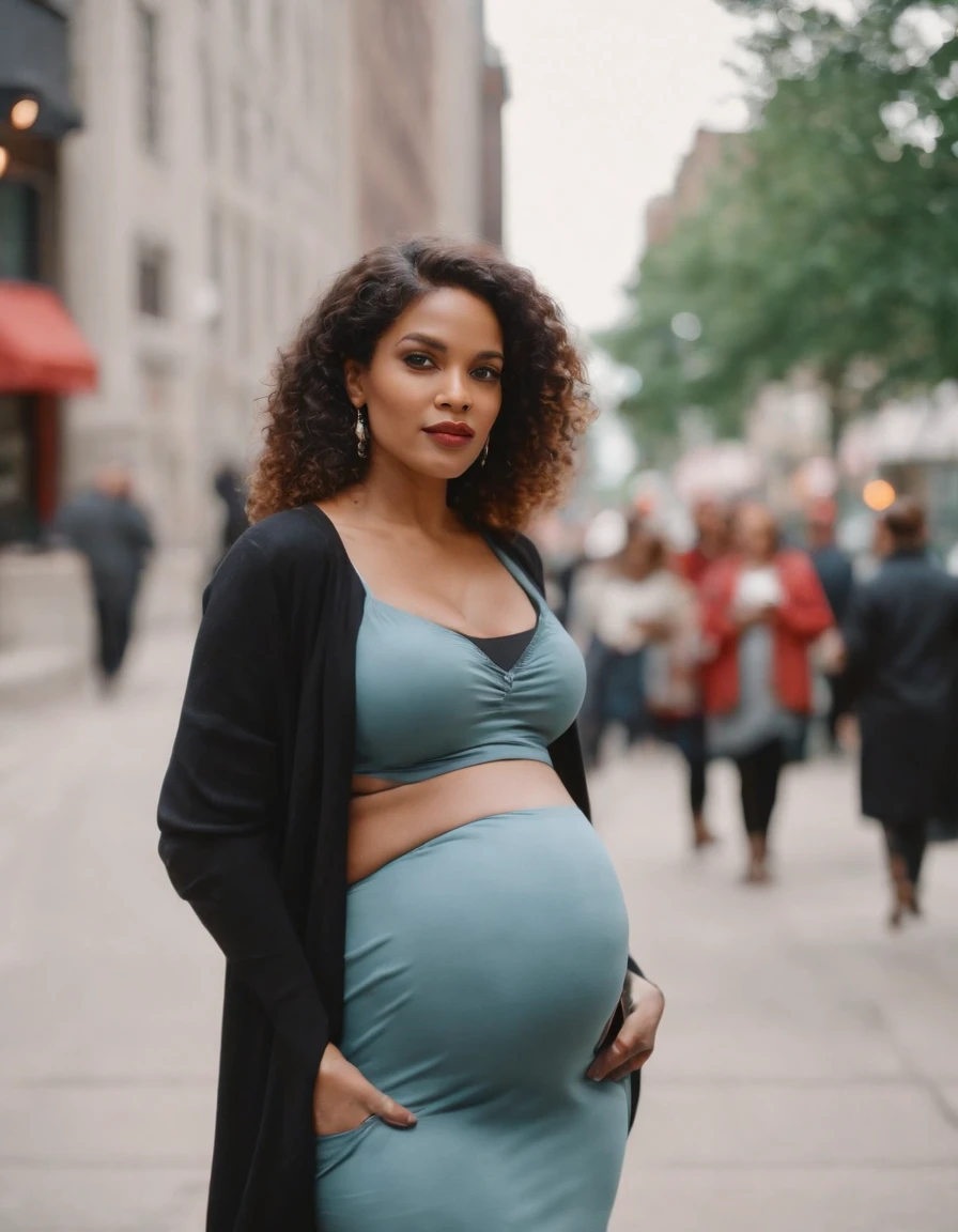 in the style of rap aesthetics,Pregnant women dressed in fashion, Chicago, USA, make for a memorable photo, The background is to charming neighbourhoods and colourful street art, photo taken with fujifilm superia, charly amani,