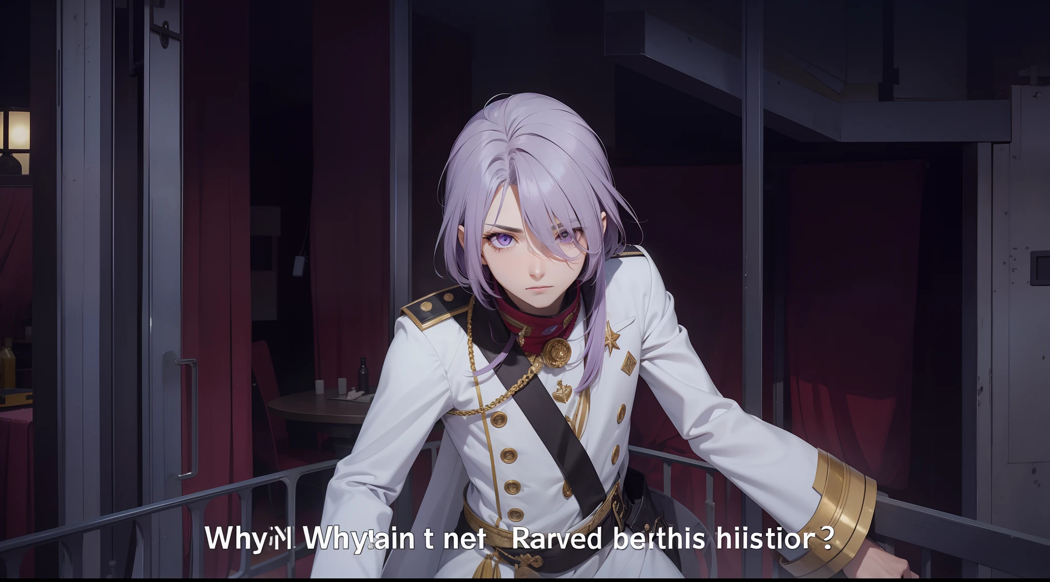 purple eyes and left eye is obscured by his hair bangs