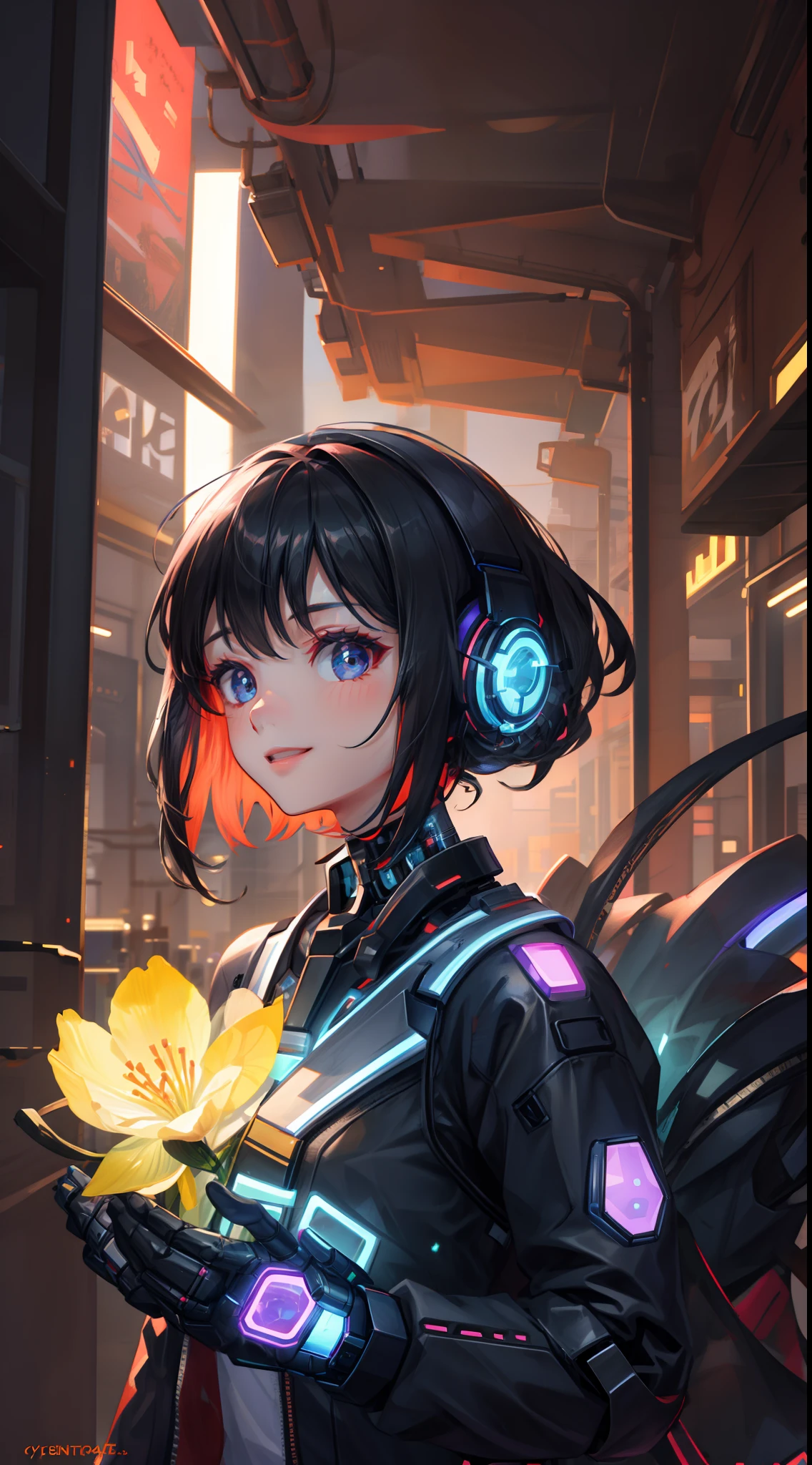 1 girl, upper body, single focus, futuristic beauty, cyberpunk attire, vibrant smile, (blooming cybernetic gardens: 1.4), (renewed cyberlife: 1.3), futuristic features, vibrant aura, [depth of field, ambient lighting, cybernetic garden foreground, rejuvenated cityscape in the background], Cyberpunk Spring, neon blossoms, futuristic renewal, (hovering drones), (glowing cyberflowers: 1.2), intricate details, enhanced lighting.