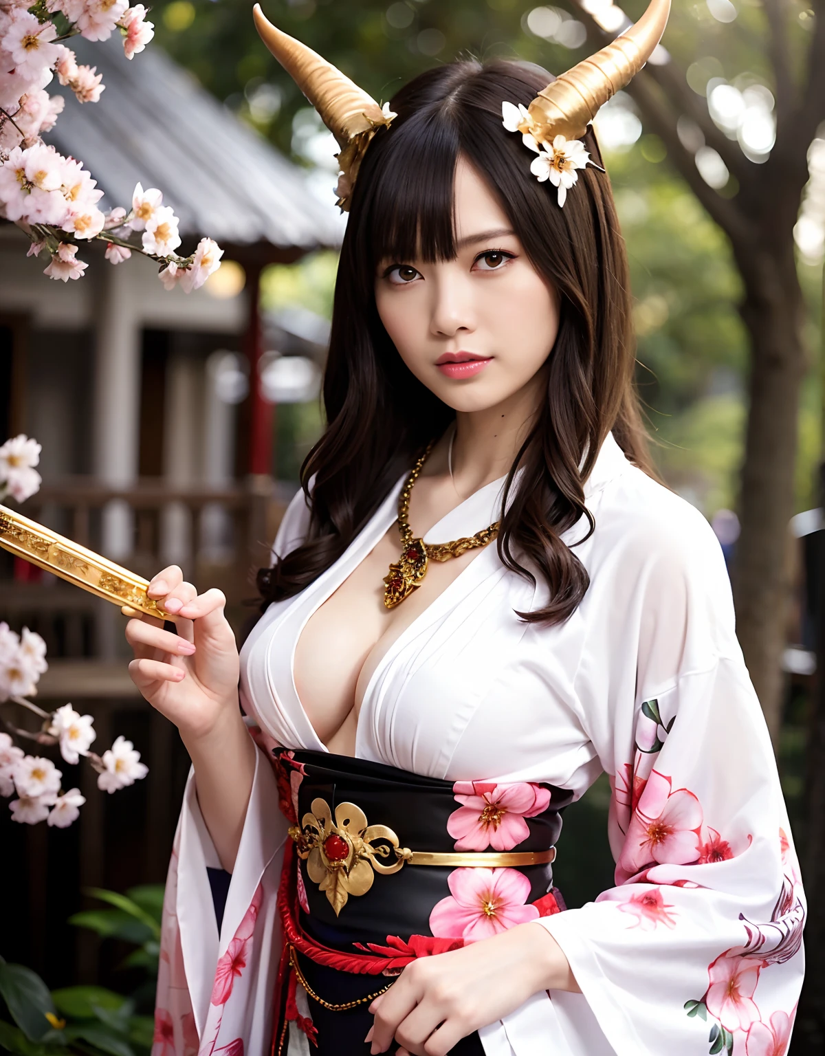 ((World of Darkness)),Professional , ​masterpiece、top-quality、photos realistic , depth of fields 、（sexypose）、(Background of cherry blossoms in full bloom),（Ultimate Beauty）、A dark-haired、（White bikini armor)、（Kimono with beautiful pattern）、（Night background）、（（a dark night））,(Wear a beautiful kimono),（Wear a beautiful kimono with colorful floral patterns）、Jewel Gold Weapon、Particles of light),（Has a devil's mask）、Gorgeous gold weapons ,（（ Gorgeous Dragon Sword）） , （a dark night）,,（maikurobikini） 、（（Black Haired Beautiful Girl））、（Castle background）、（demonic wings）、（（Gangle's forest background））、Beautiful Caucasian beauty、１a person、dynamic ungle,(((Two devil's horns on the head)))、Smaller head、Idle Smile、Thin and beautiful female hands、Mystical expression、Light Effects、intense fighting、Wind-effect、magic circles、With the legendary magic wand、Dragon's tail、