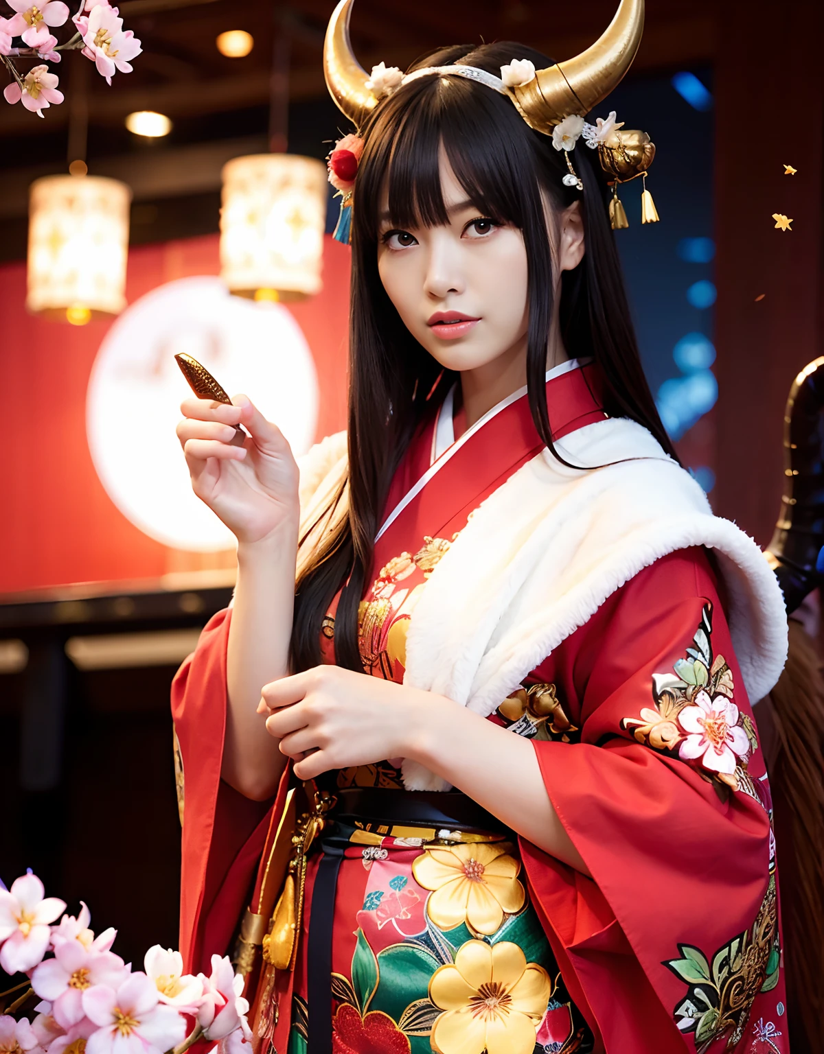 ((World of Darkness)),Professional , ​masterpiece、top-quality、photos realistic , depth of fields 、（sexypose）、(Background of cherry blossoms in full bloom),（Ultimate Beauty）、A dark-haired、（White bikini armor)、（Kimono with beautiful pattern）、（Night background）、（（a dark night））,(Wear a beautiful kimono),（Wear a beautiful kimono with colorful floral patterns）、Jewel Gold Weapon、Particles of light),（Has a devil's mask）、Gorgeous gold weapons ,（（ Gorgeous Dragon Sword）） , （a dark night）,,（maikurobikini） 、（（Black Haired Beautiful Girl））、（Castle background）、（demonic wings）、（（Gangle's forest background））、Beautiful Caucasian beauty、１a person、dynamic ungle,(((Two devil's horns on the head)))、Smaller head、Idle Smile、Thin and beautiful female hands、Mystical expression、Light Effects、intense fighting、Wind-effect、magic circles、With the legendary magic wand、Dragon's tail、