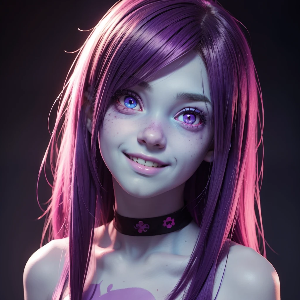A cute anime (zombie girl) with (dark purple straight hair), freckles, (blue skin), (big pink eyes), pink nose, in aesthetic pose, smiling to the camera. By samdoesarts.