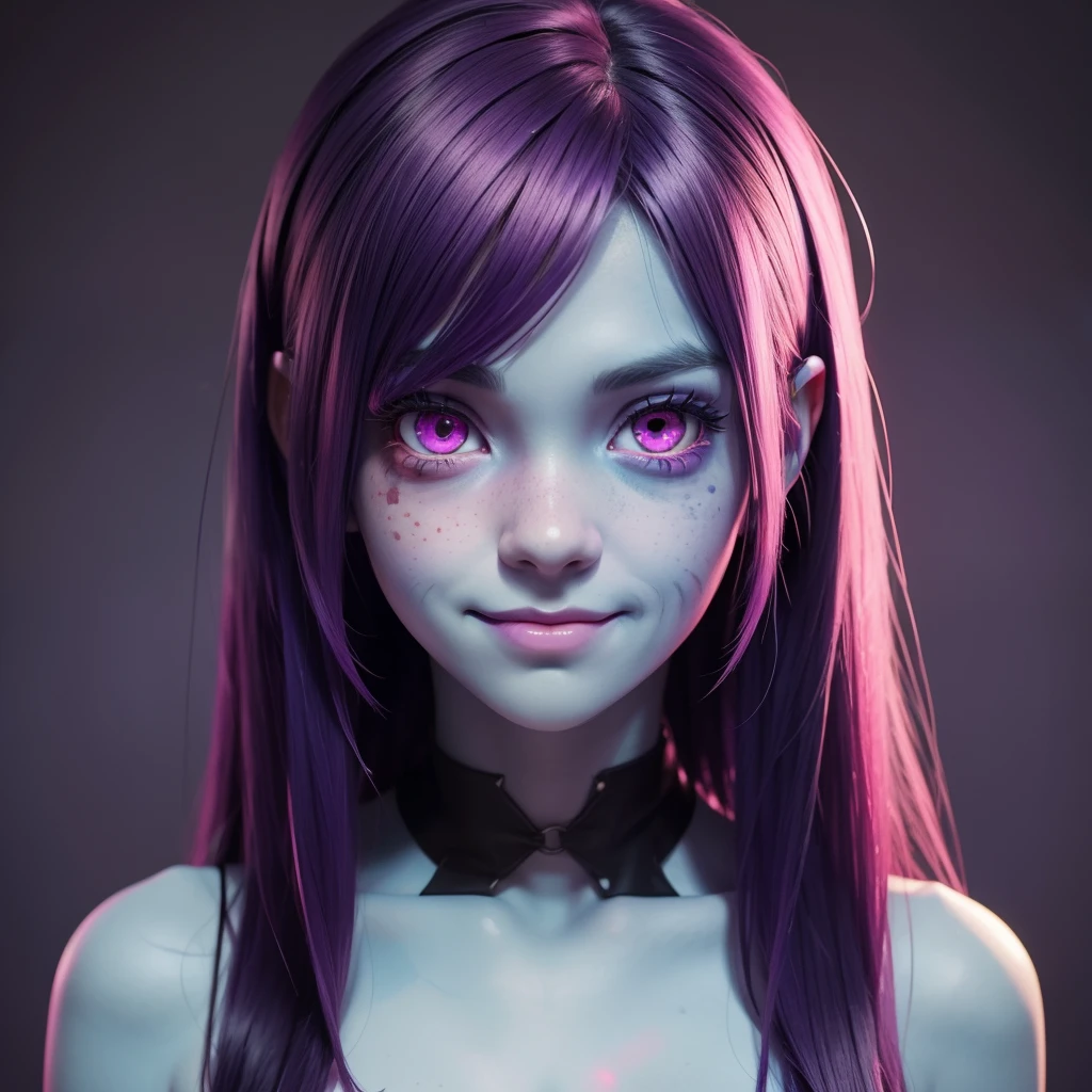 A cute anime (zombie girl) with (dark purple straight hair), freckles, (blue skin), (big pink eyes), pink nose, in aesthetic pose, smiling to the camera. By samdoesarts.