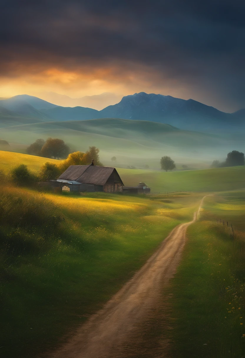 Best quality, Masterpiece, Super high resolution, (Realism: 1.4), Oil painting style, cinmatic lighting, The endless grassland is dotted with several houses, I stood on the empty asphalt road and looked at it, The fairy mountains are foggy, The crane is flying