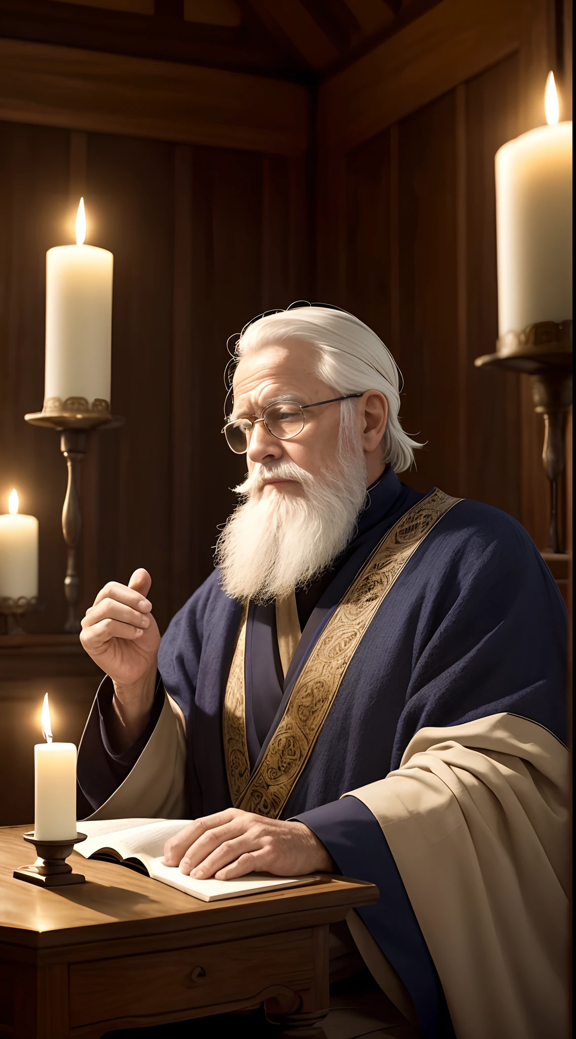 Character description: The main character is a gentleman of approximately 70 years of age, with completely white hair that flows smoothly down to the shoulders. His beard is short and equally white, destacando-se contra a pele enrugada e cansada pelo tempo. His face bears the marks of wisdom and experience, with deep wrinkles that tell life stories. He wears small glasses with metal frame, that reflect the light of nearby candles. He's dressed simply.., with a navy blue wool sweater and beige linen pants. the hands, united in prayer, show signs of years of work and reflection. Description of the environment: The scenery is shrouded in a soft melancholy, creating an atmosphere of contemplation and serenity. The walls are lined with dark wood, com entalhes intrincados e detalhes dourados, evocando um toque de majestade e espiritualidade. no centro da imagem, A richly decorated wooden Christian cross is carefully lit by a series of candles arranged in an antique chandelier. The flames of the candles dance softly, Creating magical lighting and soft casting, sombras misteriosas nas paredes. Ao lado do senhor, there is a small wooden table adorned with carved details that supports an open Bible. The holy book is strategically positioned, Highlighting a verse the Lord is reading in your prayer. An aged leather cover protects the Bible and exudes a sense of veneration. The environment is tranquil and provides a deep sense of peace and contemplation, Create a sacred and reverent space perfect for the prayer of the elderly lord. The meticulous attention to detail and carefully lit atmosphere highlight the beauty and importance of this moment.