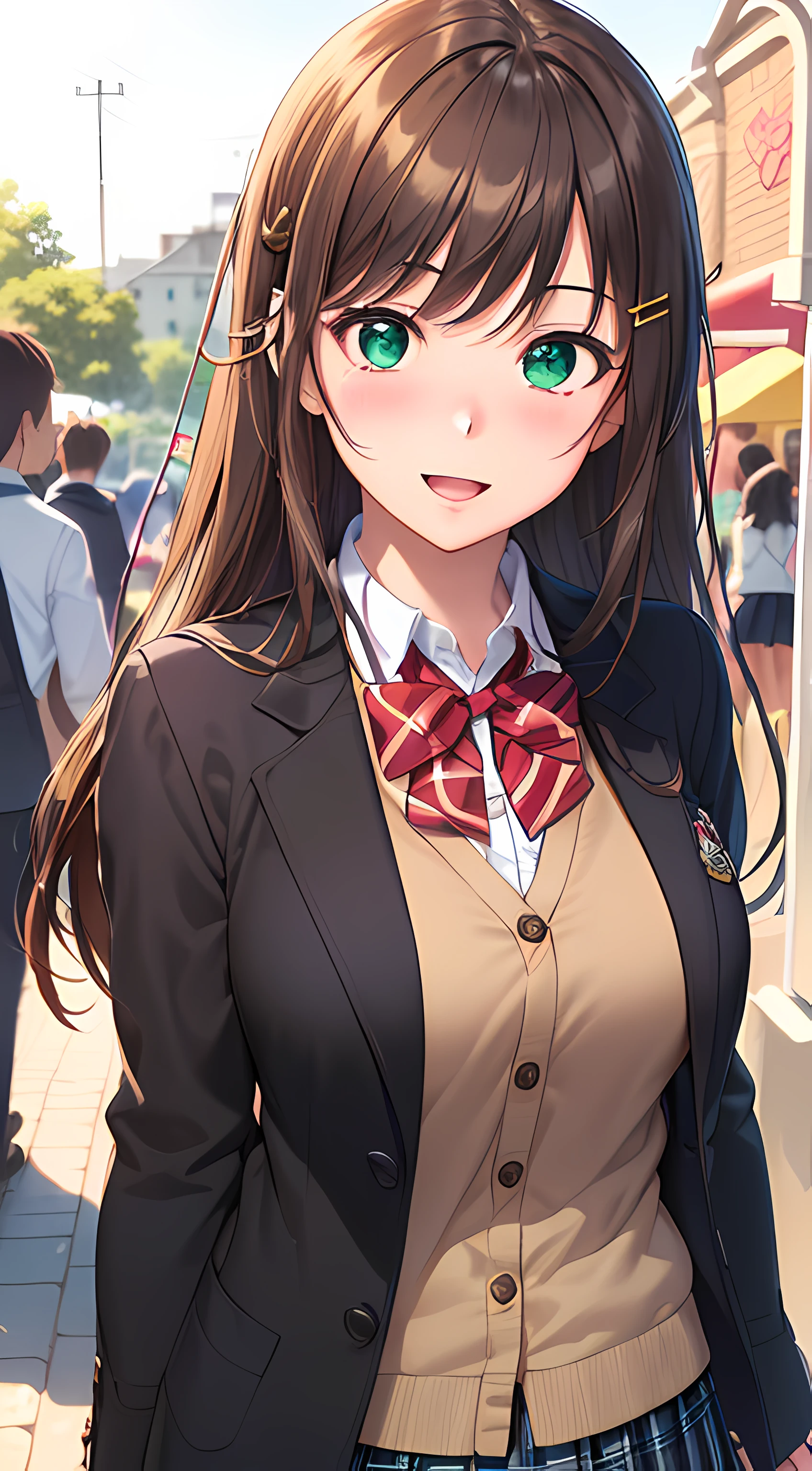 ((masterpiece, best quality, highres, UHD, perfect pixel, depth of field, 4k, RTX, HDR))), 1girl, single, solo, beautiful anime girl, beautiful artstyle, anime character, ((long hair, bangs, brown hair, simple hair pin)), ((green eyes:1.4, rounded eyes, beautiful eyelashes, realistic eyes)), ((detailed face, blushing:1.2)), ((smooth texture:0.75, realistic texture:0.65, photorealistic:1.1, anime CG style)), medium breasts, dynamic angle, perfect body, ((portrait, pov)), ((red bowtie, school uniform, black jacket, open jacket, brown cardigan, white shirt, black skirt, plaid skirt)), smile, open mouth, amusement park