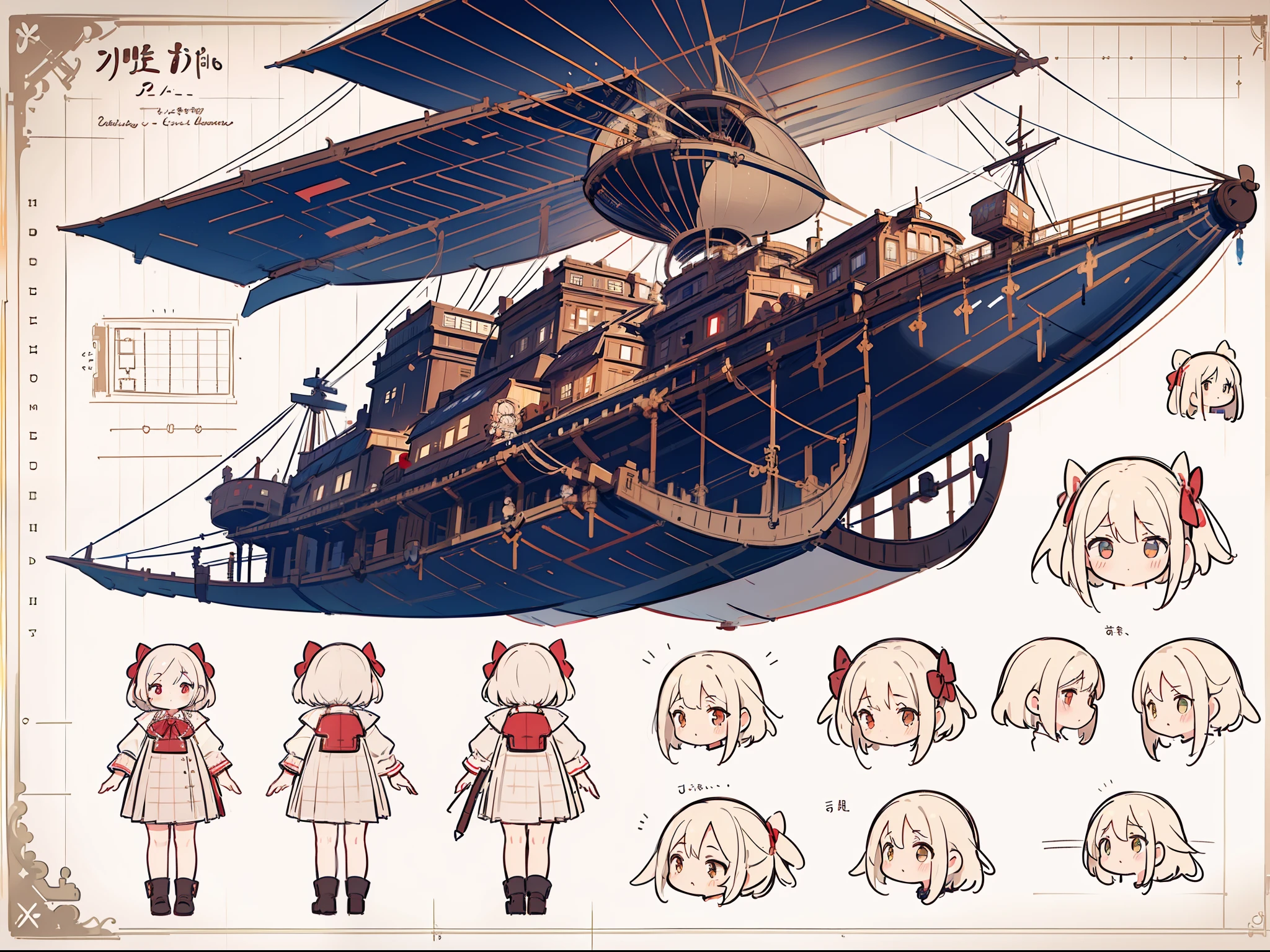 (extremely detailed fine touch:1.3), two view drawing, character sheet, (concept art:1.4), ///, kawaii girl, short hair, red bow, plaid pattern pleated skirt, (airship:1.3), (blueprint:1.3)