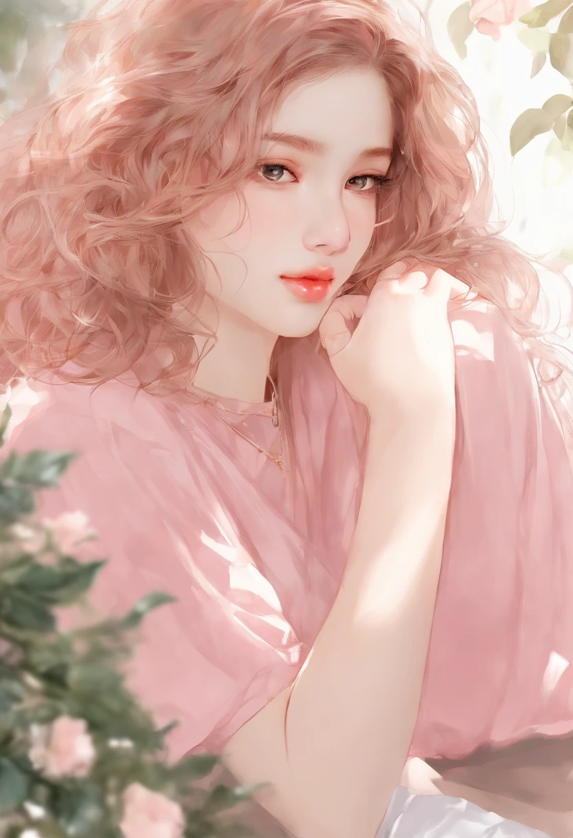(Masterpiece),(Best quality:1.1),(Ultra-detailed),Best Illustration,finedetail,(Portrait:1.1),(intense close-ups),watercolor paiting)Floating,1girll,Solo,,Slim,(Extremely delicate and beautiful face),(Detailed beautiful eyes),Thick pink lips,(Disheveled hair),(Wear a pink loose-fitting T-shirt),Soft and lazy,(Simple background:1.2)whole colored background,Clear,4K
