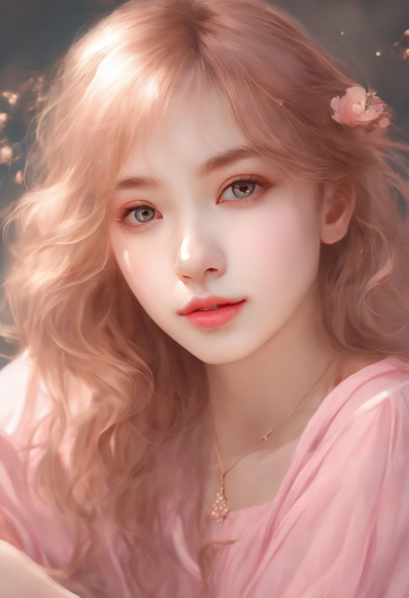 (Masterpiece),(Best quality:1.1),(Ultra-detailed),Best Illustration,finedetail,(Portrait:1.1),(intense close-ups),watercolor paiting)Floating,1girll,Solo,,Slim,(Extremely delicate and beautiful face),(Detailed beautiful eyes),Thick pink lips,(Disheveled hair),(Wear a pink loose-fitting T-shirt),Soft and lazy,(Simple background:1.2)whole colored background,Clear,4K