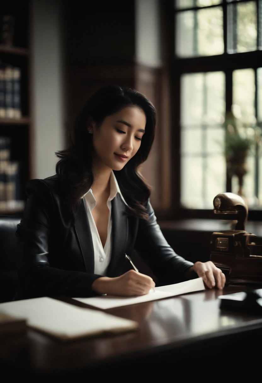 Upper body wearing black leather gloves in both hands, black business suit, facing the desk in the modern study in the dark, looking down, smiling, writing a letter using a fountain pen, long, black hair bundled in the back, young and very cute Japanese female new employee (black leather gloves cover both hands)