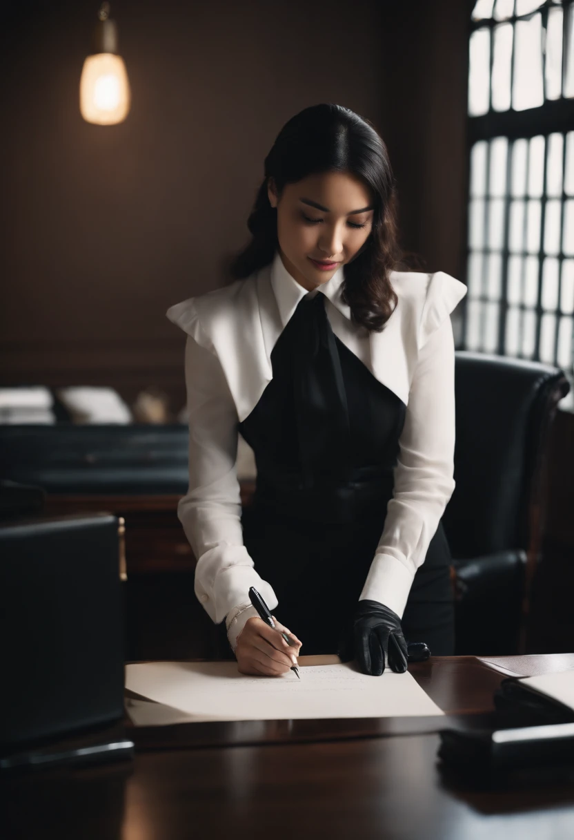 Upper body wearing black leather gloves in both hands, black business suit, facing the desk in the modern study in the dark, looking down, smiling, writing a letter using a fountain pen, long, black hair bundled in the back, young and very cute Japanese female new employee (black leather gloves cover both hands)
