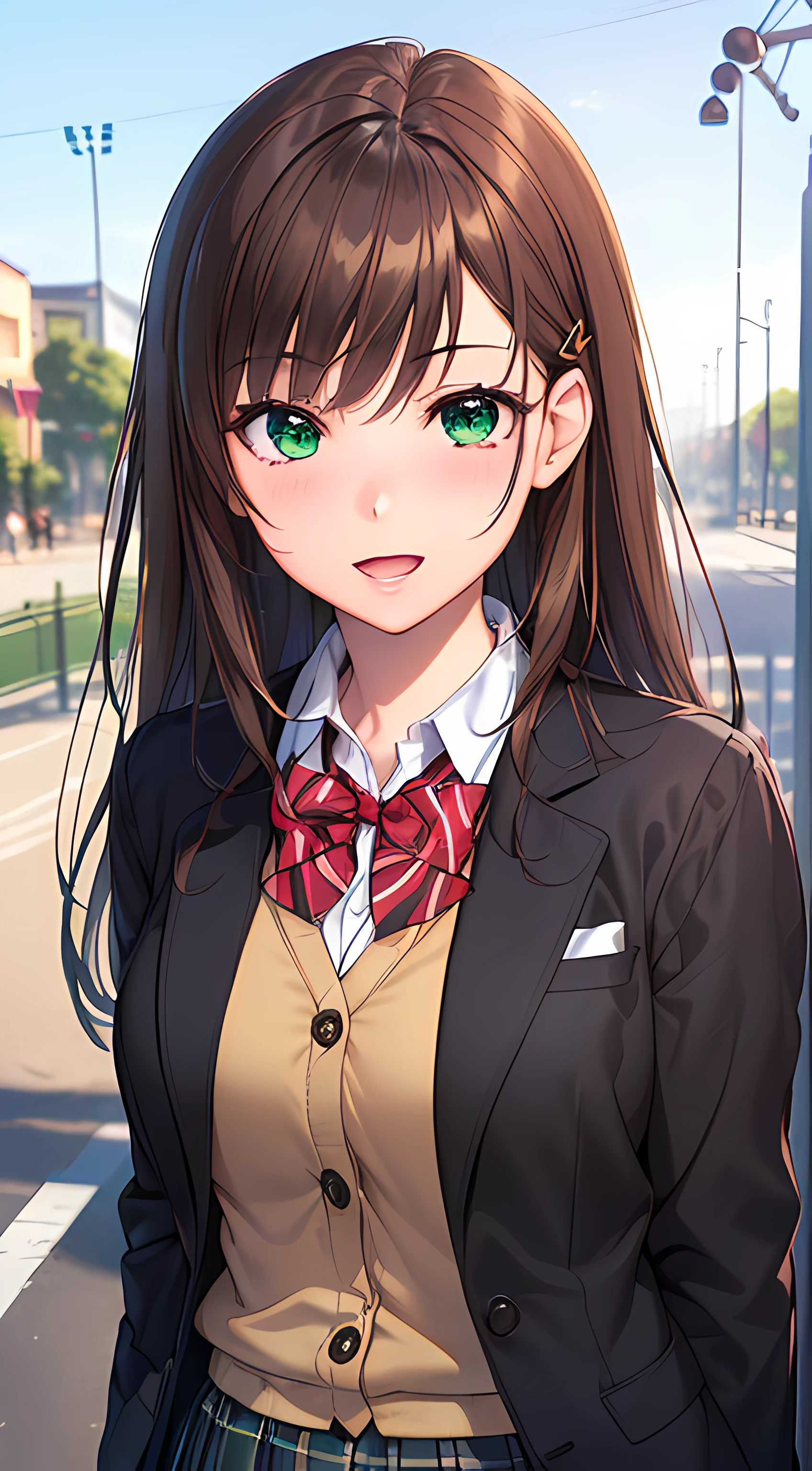 ((masterpiece, best quality, highres, UHD, perfect pixel, depth of field, 4k, RTX, HDR))), 1girl, single, solo, beautiful anime girl, beautiful artstyle, anime character, ((long hair, bangs, brown hair, simple hair pin)), ((green eyes:1.4, rounded eyes, beautiful eyelashes, realistic eyes)), ((detailed face, blushing:1.2)), ((smooth texture:0.75, realistic texture:0.65, photorealistic:1.1, anime CG style)), medium breasts, dynamic angle, perfect body, ((portrait, pov)), ((red bowtie, school uniform, black jacket, open jacket, brown cardigan, white shirt, black skirt, plaid skirt)), smile, open mouth, amusement park