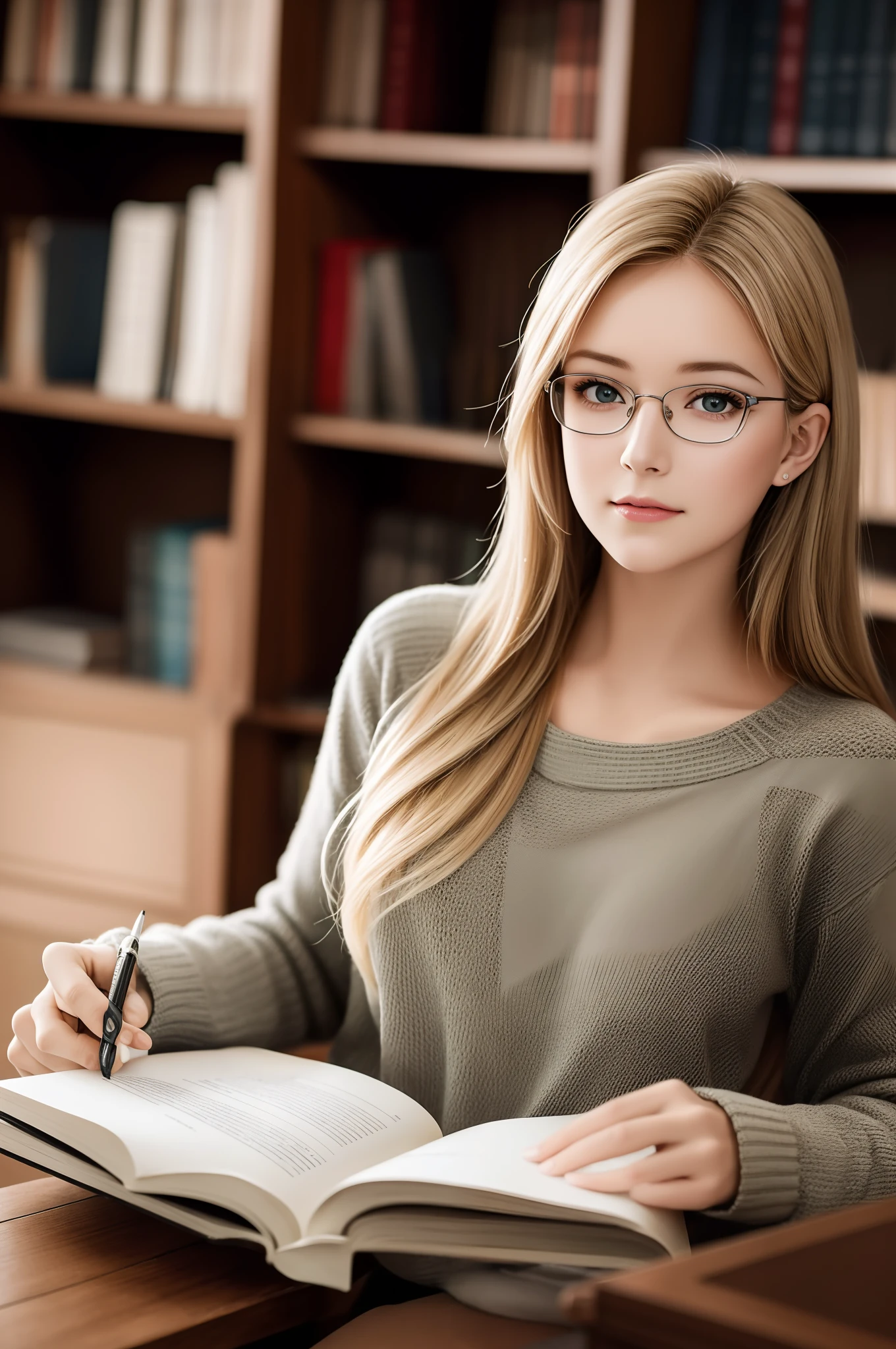 (best quality, ultra-detailed), a girl reading a textbook, beautiful detailed green eyes, beautiful detailed lips, longeyelashes, studying, a quiet library, soft natural lighting, bookshelves filled with books, curled up on a cozy armchair, reading glasses, concentrated expression, flowing white hair, plaid skirt and sweater, high-res image, vivid colors, ultra-realistic, photorealistic, photograph, photogenic, bokeh.