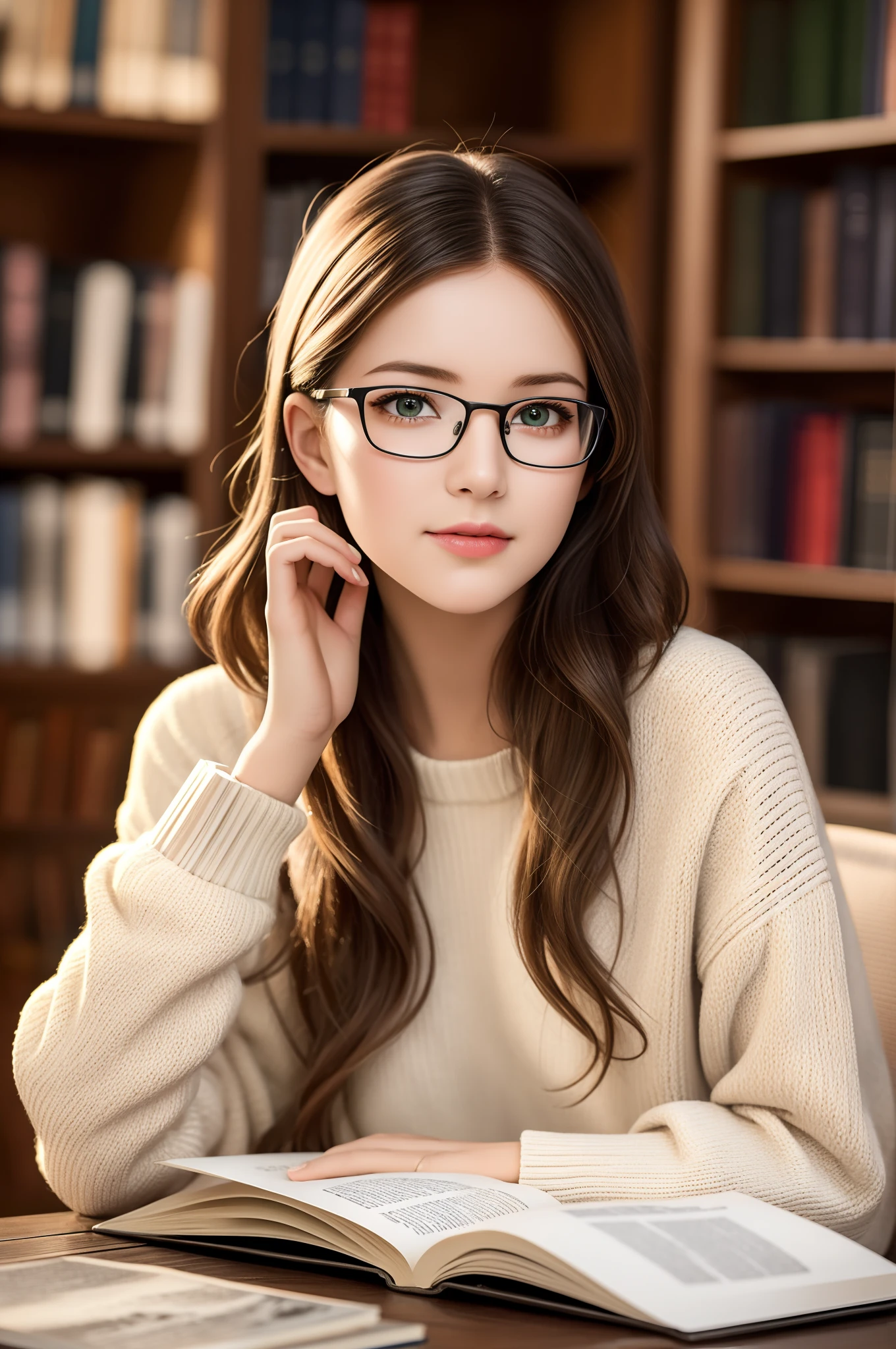 (best quality, ultra-detailed), a girl reading a textbook, beautiful detailed green eyes, beautiful detailed lips, longeyelashes, studying, a quiet library, soft natural lighting, bookshelves filled with books, curled up on a cozy armchair, reading glasses, concentrated expression, flowing white hair, plaid skirt and sweater, high-res image, vivid colors, ultra-realistic, photorealistic, photograph, photogenic, bokeh.