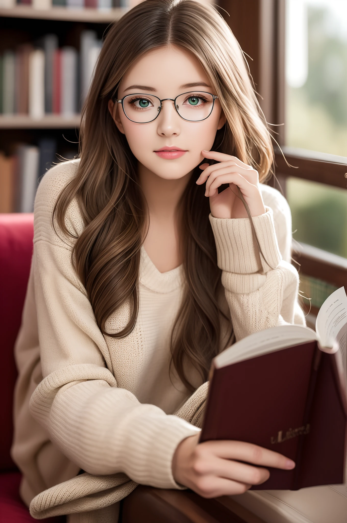 (best quality, ultra-detailed), a girl reading a textbook, beautiful detailed green eyes, beautiful detailed lips, longeyelashes, studying, a quiet library, soft natural lighting, bookshelves filled with books, curled up on a cozy armchair, reading glasses, concentrated expression, flowing white hair, plaid skirt and sweater, high-res image, vivid colors, ultra-realistic, photorealistic, photograph, photogenic, bokeh.