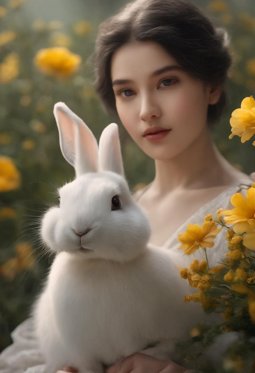 Araffe woman holding a white rabbit in a field of yellow flowers ...