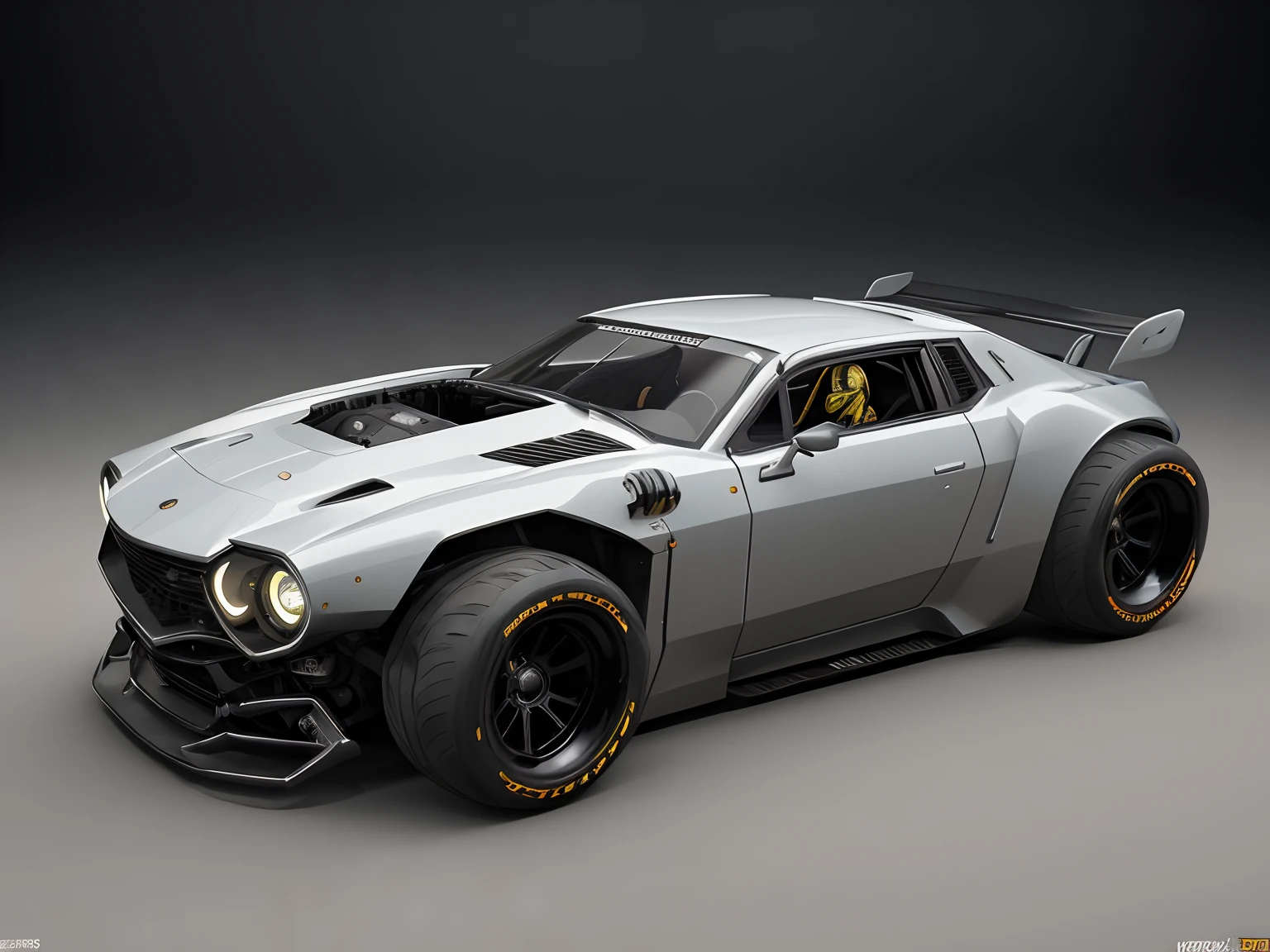 a 3/4 front view of ((futuristic cyberpunk hotrod zeekars)) (with glowing tires), at the parking lot,