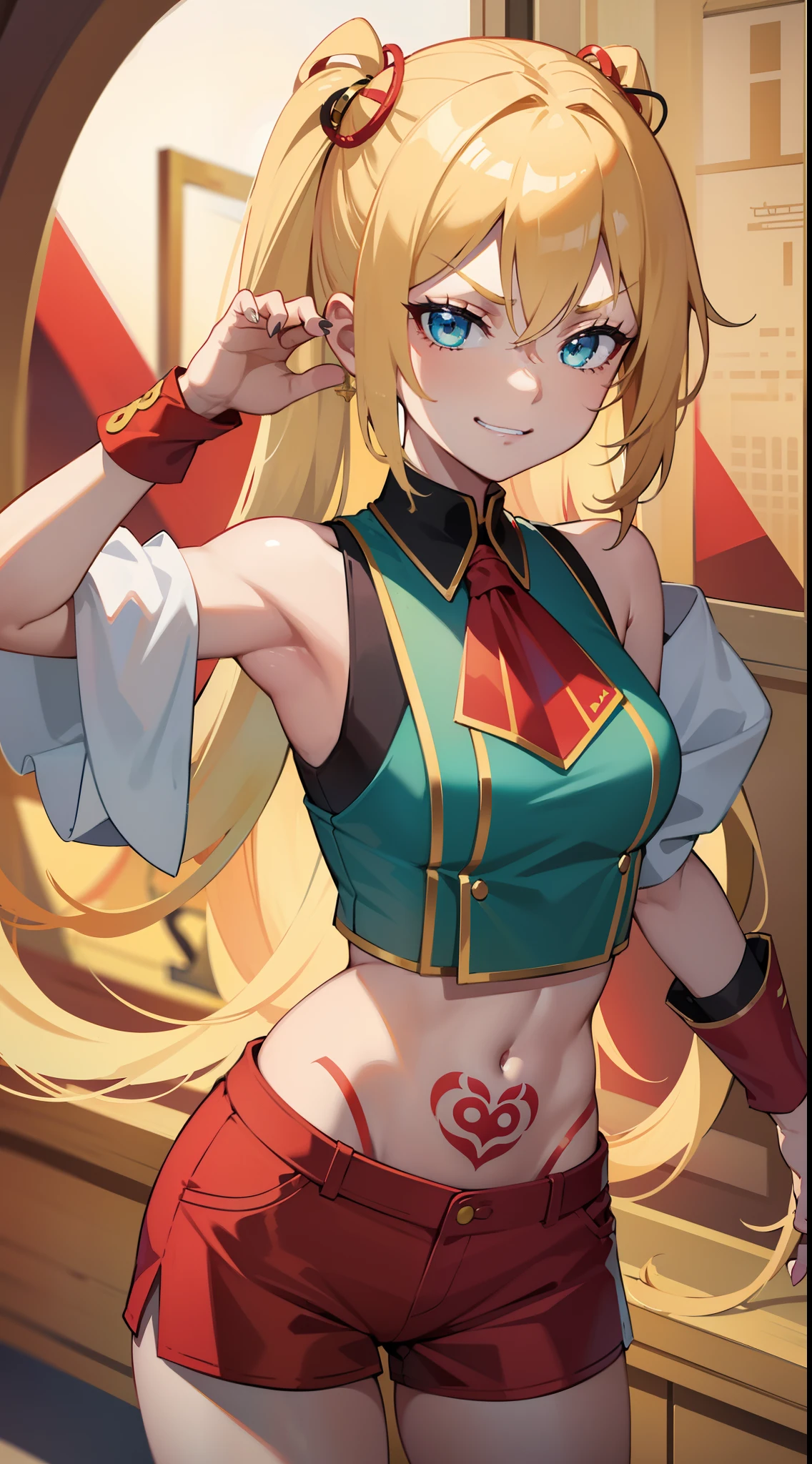 young girl, longue blonde hair, Hairpin with a bundle, turquoise eyes, Yakuza tattoos, red tight uniform, Sleeveless, Wide neckline on the chest to the abdomen, Gold Elements, Red gold armor, Shorts, claws, smirk, Masterpiece, hiquality, 4k, HD, Good detail