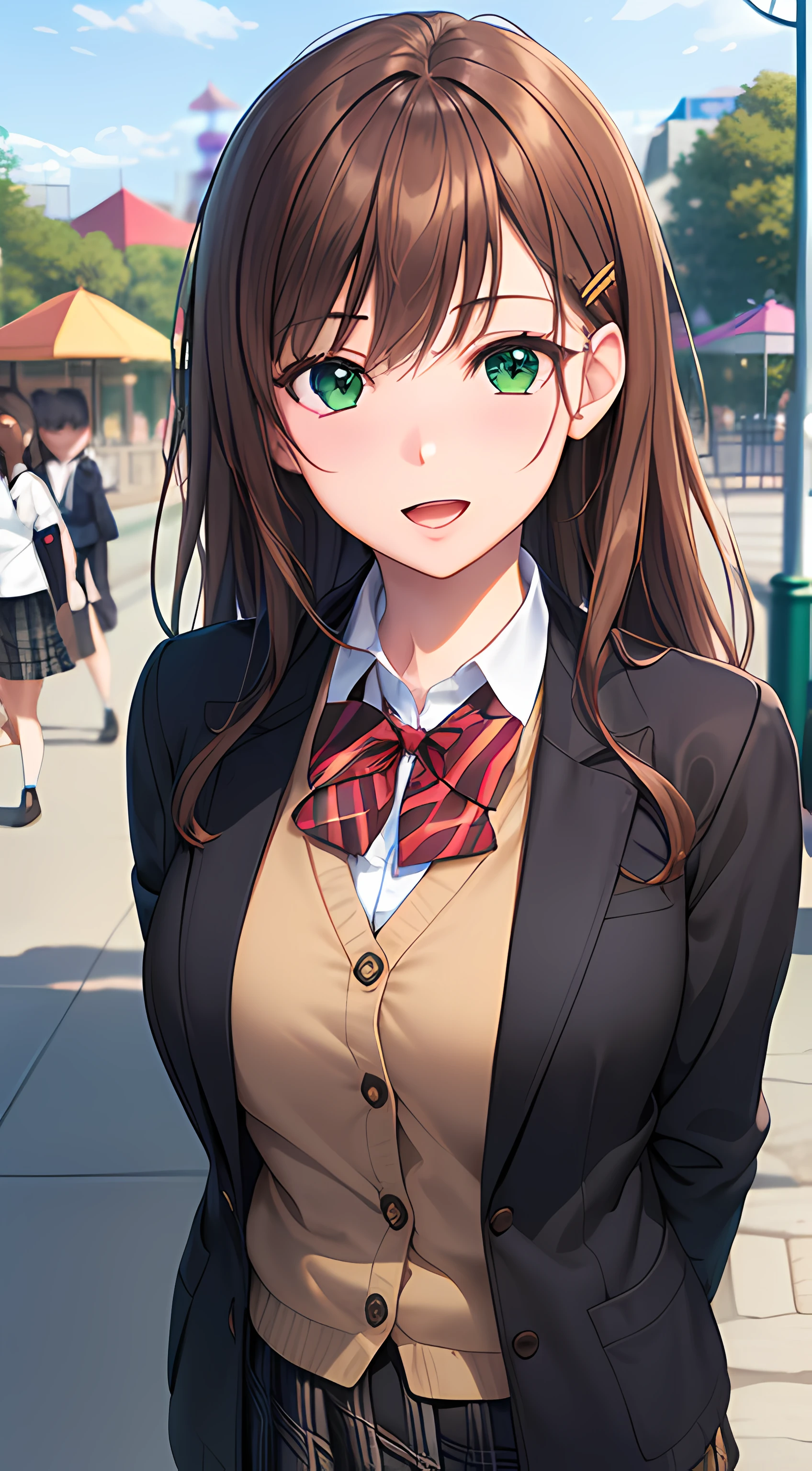 ((masterpiece, best quality, highres, UHD, perfect pixel, depth of field, 4k, RTX, HDR))), 1girl, single, solo, beautiful anime girl, beautiful artstyle, anime character, ((long hair, bangs, brown hair, simple hair pin)), ((green eyes:1.4, rounded eyes, beautiful eyelashes, realistic eyes)), ((detailed face, blushing:1.2)), ((smooth texture:0.75, realistic texture:0.65, photorealistic:1.1, anime CG style)), medium breasts, dynamic angle, perfect body, ((portrait, pov)), ((red bowtie, school uniform, black jacket, open jacket, brown cardigan, white shirt, black skirt, plaid skirt)), smile, open mouth, leaning forward, hands behind back, amusement park
