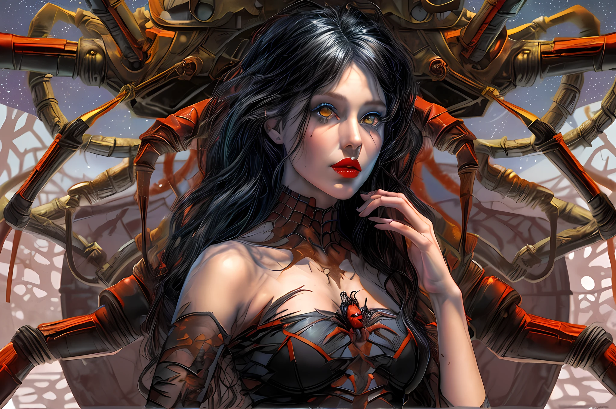 a picture of an exquisite beautiful female human spider anymorph standing under the starry night sky at the dark forest, dynamic angle (ultra detailed, Masterpiece, best quality), ultra detailed face (ultra detailed, Masterpiece, best quality), ultra feminine, red skin,  black hair, wavy hair, dynamic eyes color, yellow glowing eyes, intense eyes, red lips,  wearing white dress, dark elegant style dress (ultra detailed, Masterpiece, best quality), black and red spider lower body (ultra detailed, Masterpiece, best quality), red veins, spider abdomen and spider legs,  sky full of stars background, moon, best details, best quality, 16K, [ultra detailed], masterpiece, best quality, (ultra detailed), full body, ultra wide shot, photorealism, dark fantasy art, gothic art Larry Elmore style,