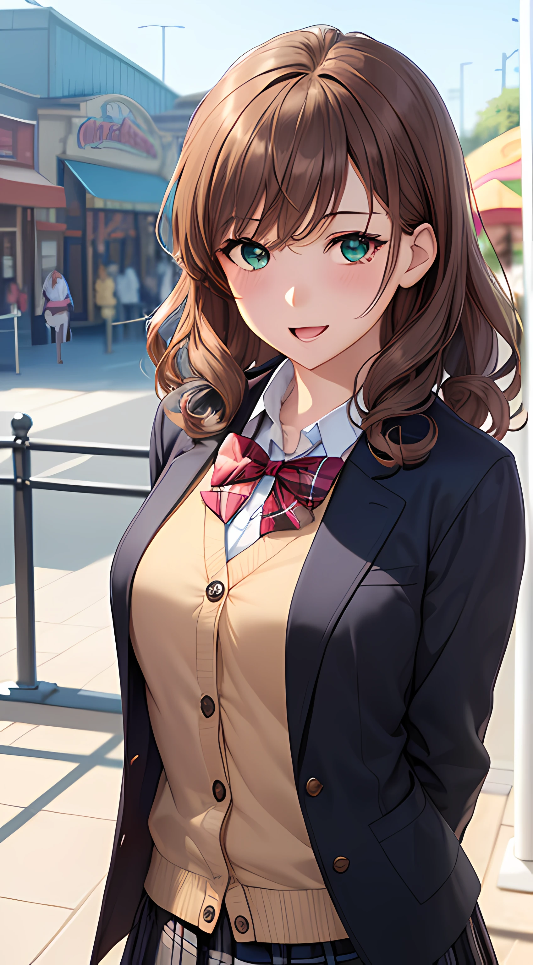 ((masterpiece, best quality, highres, UHD, perfect pixel, depth of field, 4k, RTX, HDR))), 1girl, single, solo, beautiful anime girl, beautiful artstyle, anime character, ((long hair, bangs, brown hair, curly hair:1.2)), ((green eyes:1.4, rounded eyes, beautiful eyelashes, realistic eyes)), ((detailed face, blushing:1.2)), ((smooth texture:0.75, realistic texture:0.65, photorealistic:1.1, anime CG style)), medium breasts, dynamic angle, perfect body, ((portrait, pov)), ((red bowtie, school uniform, black jacket, open jacket, brown cardigan, white shirt, black skirt, plaid skirt)), smile, open mouth, leaning forward, hands behind back, amusement park