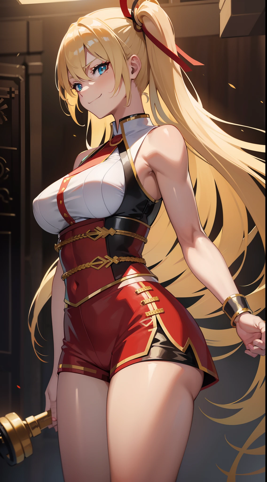 young girl, longue blonde hair, Hairpin with a bundle, turquoise eyes, Yakuza tattoos, red tight uniform, Sleeveless, Wide neckline on the chest to the abdomen, Gold Elements, Red gold armor, Shorts, claws, smirk, Masterpiece, hiquality, 4k, HD, Good detail