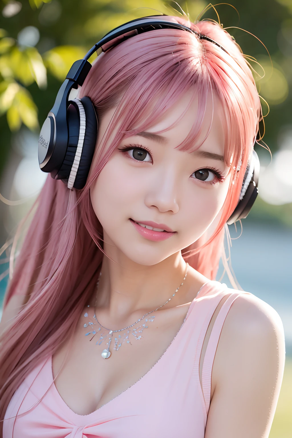 m LT camera，Background bokeh，sharp fokus，looking at viewert，realisticlying，realisticlying，独奏，realisticlying，extremely detail face，ssmile，eardrop，Pink headphones，style of anime，Wearing a necklace，Tide suit，A shy look，Extremely detailed eyes and face，beatiful detailed eyes，tmasterpiece、Cinematic texture、super detailing，Pink hair，Flying in the air