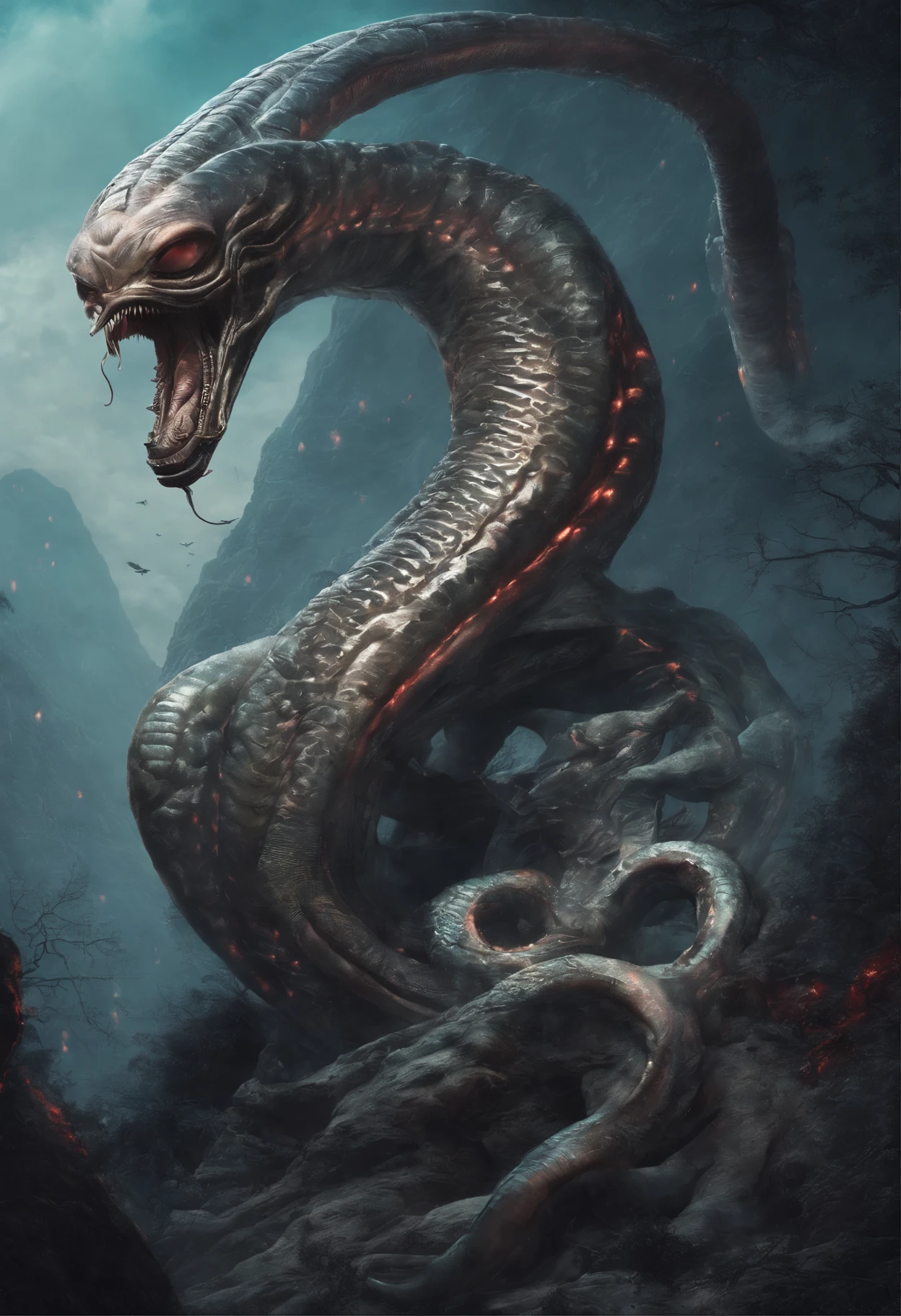 This monster lives deep in the mountain. It has a large, Body of a snake, long tail of a snake, upper body of a beautiful woman, lamia, medusa, snake woman.、
