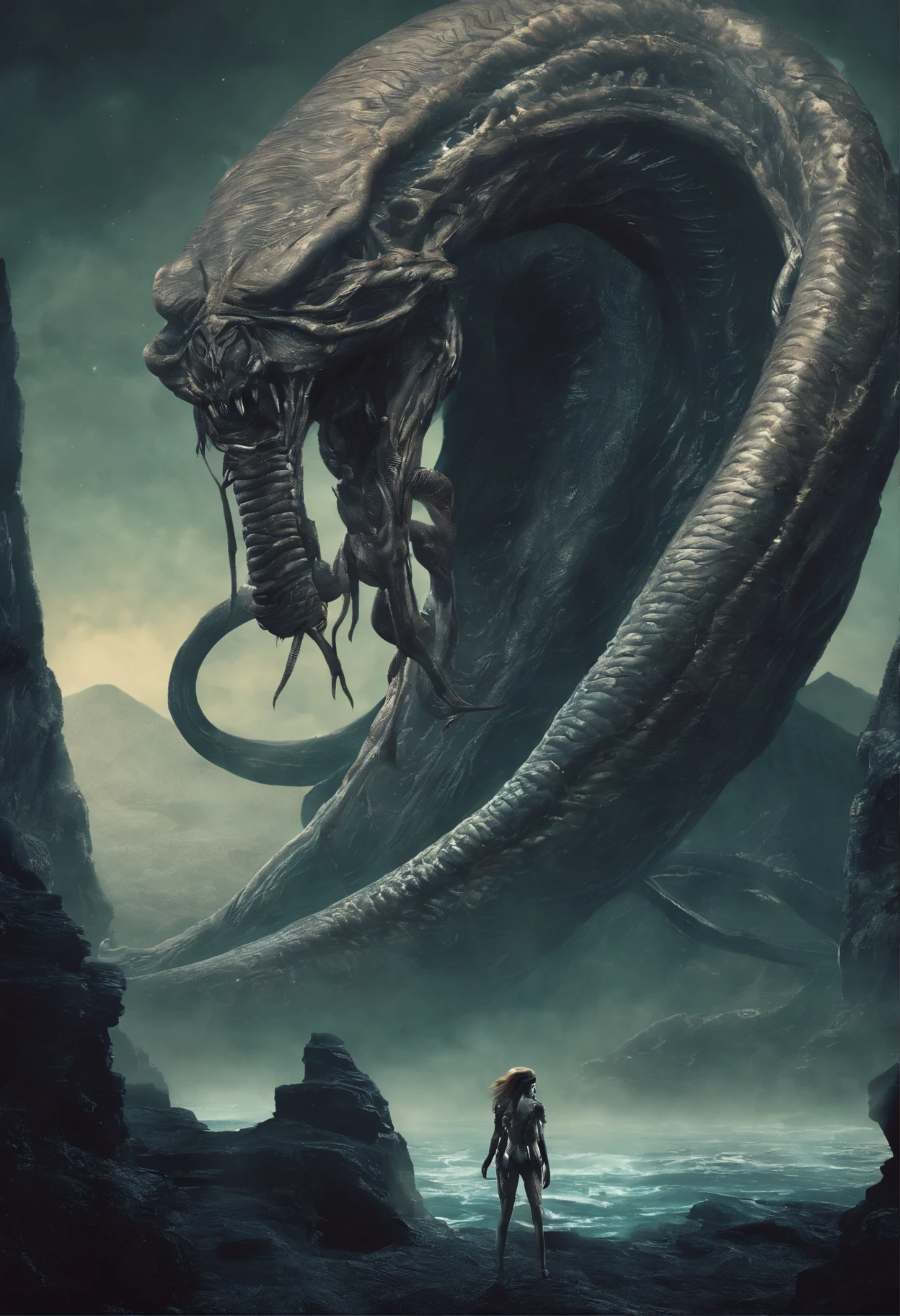 This monster lives deep in the mountain. It has a large, Body of a snake, long tail of a snake, upper body of a beautiful woman, lamia, medusa, snake woman.、