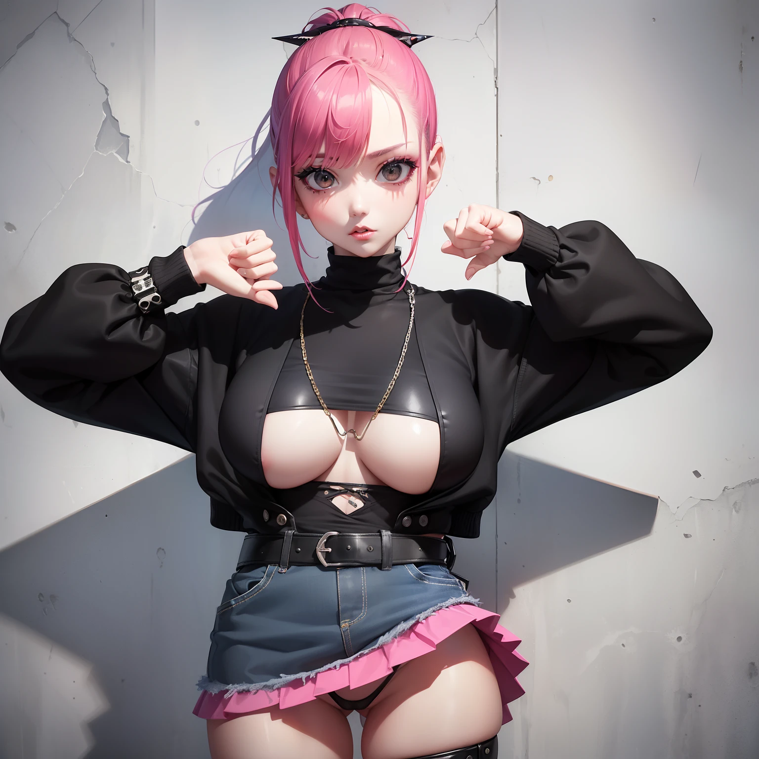 (masuter piece:1.2、top-quality)、(Live action、Intricate details)、(1lady、独奏、The upper part of the body、Colossal tits) garments: Edgy、Avant-garde、Experimental appearance: Shaved head or bold hair color、Dramatic makeup、Unconventional fashion choices behavior: Rebel、Runaway Ladies Leader、secretary-general、Black jumper、Pink mini skirt、Anti-system、Provocative Location: urban art district、Underground Music Scene Hobbies: Take part in punk shows、Create mixed media art、Experiment with different subcultures values: individuality、authenticity、Creative Expression Inspiration: Punk rock music、Counterculture icons、avant-garde art movements Personality traits: boldness、boldness、Unconventional。