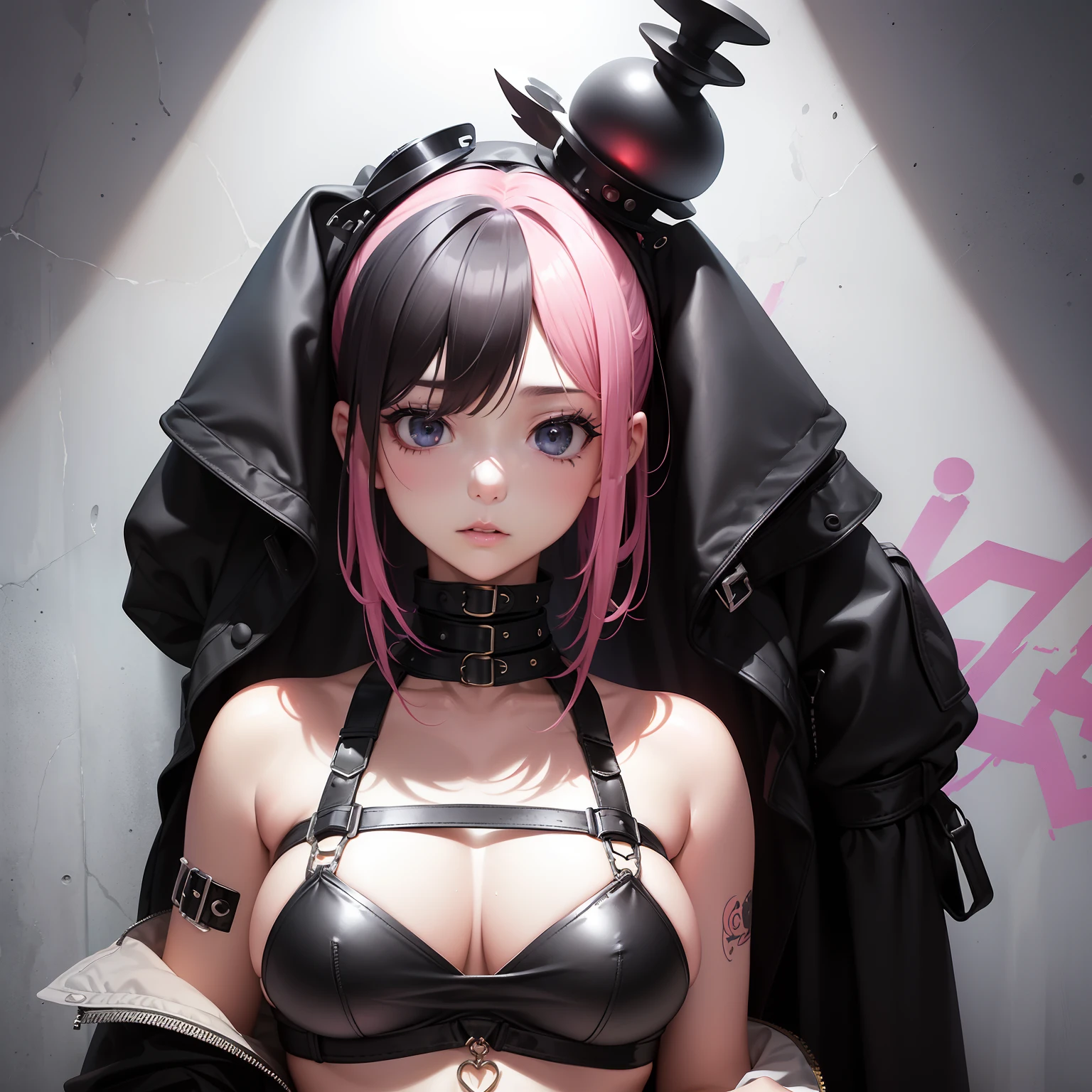 (masuter piece:1.2、top-quality)、(Live action、Intricate details)、(1lady、独奏、The upper part of the body、Colossal tits) garments: Edgy、Avant-garde、Experimental appearance: Shaved head or bold hair color、Dramatic makeup、Unconventional fashion choices behavior: Rebel、Runaway Ladies Leader、secretary-general、Black jumper、Pink mini skirt、Anti-system、Provocative Location: urban art district、Underground Music Scene Hobbies: Take part in punk shows、Create mixed media art、Experiment with different subcultures values: individuality、authenticity、Creative Expression Inspiration: Punk rock music、Counterculture icons、avant-garde art movements Personality traits: boldness、boldness、Unconventional。