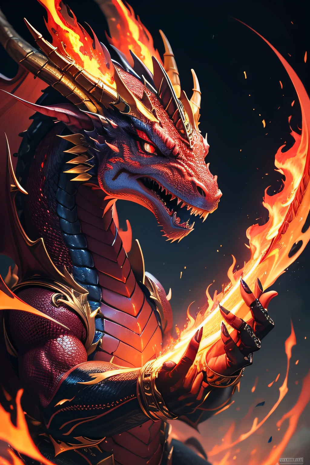 A dragon with a sword in its hand and flames coming out of it - SeaArt AI