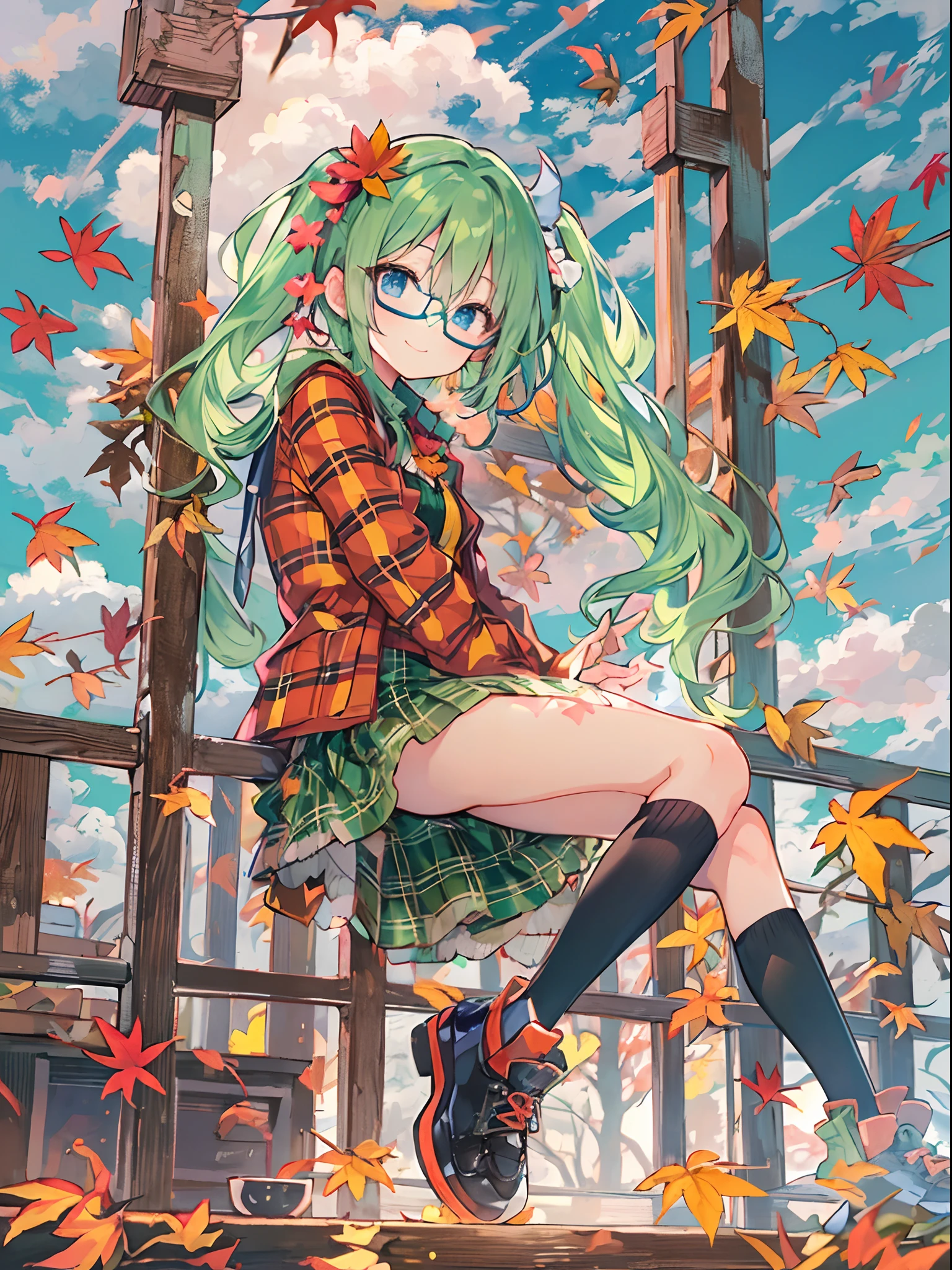 (Masterpiece), (kawaii:1.4), A girl, smiles,(Green tartan plaid dress in cardigan:1.2)open-fronted jacket, thighhighs, (not large tasty, Small breasts), (deep blue eyes), (Pale green hair, Short hair, forehead, Small pigtails), (red-half-rimed glasses), shot from the grand, from below, dynamic Pose, autumn background, Ultra-detailed background, high contrast, autumn sky, autumn clouds, sitting on a pavilion looking at the sky. Calm atmosphere, gentle smiles, mild climate.