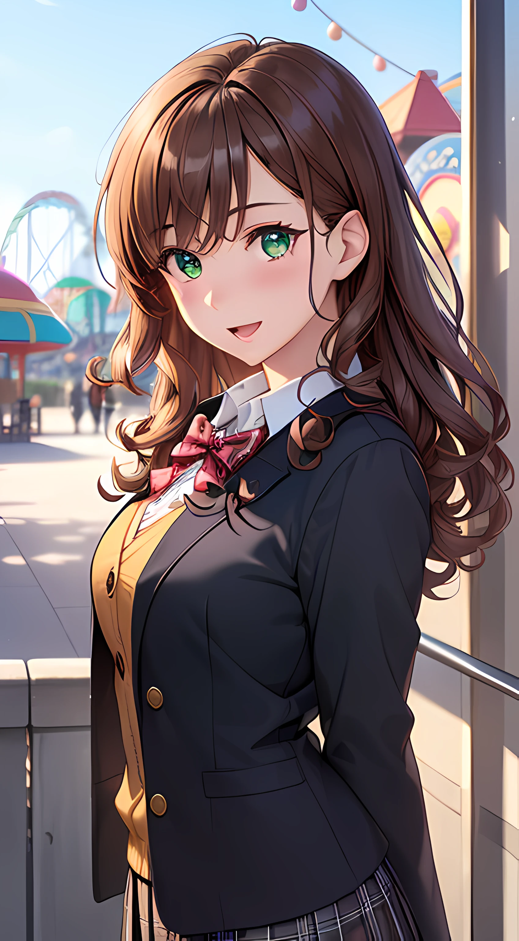 ((masterpiece, best quality, highres, UHD, perfect pixel, depth of field, 4k, RTX, HDR))), 1girl, single, solo, beautiful anime girl, beautiful artstyle, anime character, ((long hair, bangs, brown hair, curly hair:1.2)), ((green eyes:1.4, rounded eyes, beautiful eyelashes, realistic eyes)), ((detailed face, blushing:1.2)), ((smooth texture:0.75, realistic texture:0.65, photorealistic:1.1, anime CG style)), medium breasts, dynamic angle, perfect body, ((portrait, pov)), ((red bowtie, school uniform, black jacket, open jacket, brown cardigan, white shirt, black skirt, plaid skirt)), smile, open mouth, leaning forward, hands behind back, amusement park