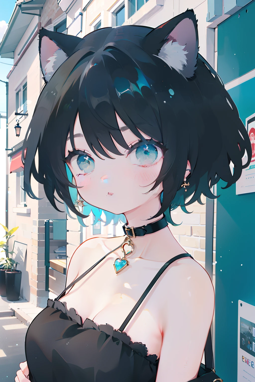 1 cat girl, short black hair, green eyes