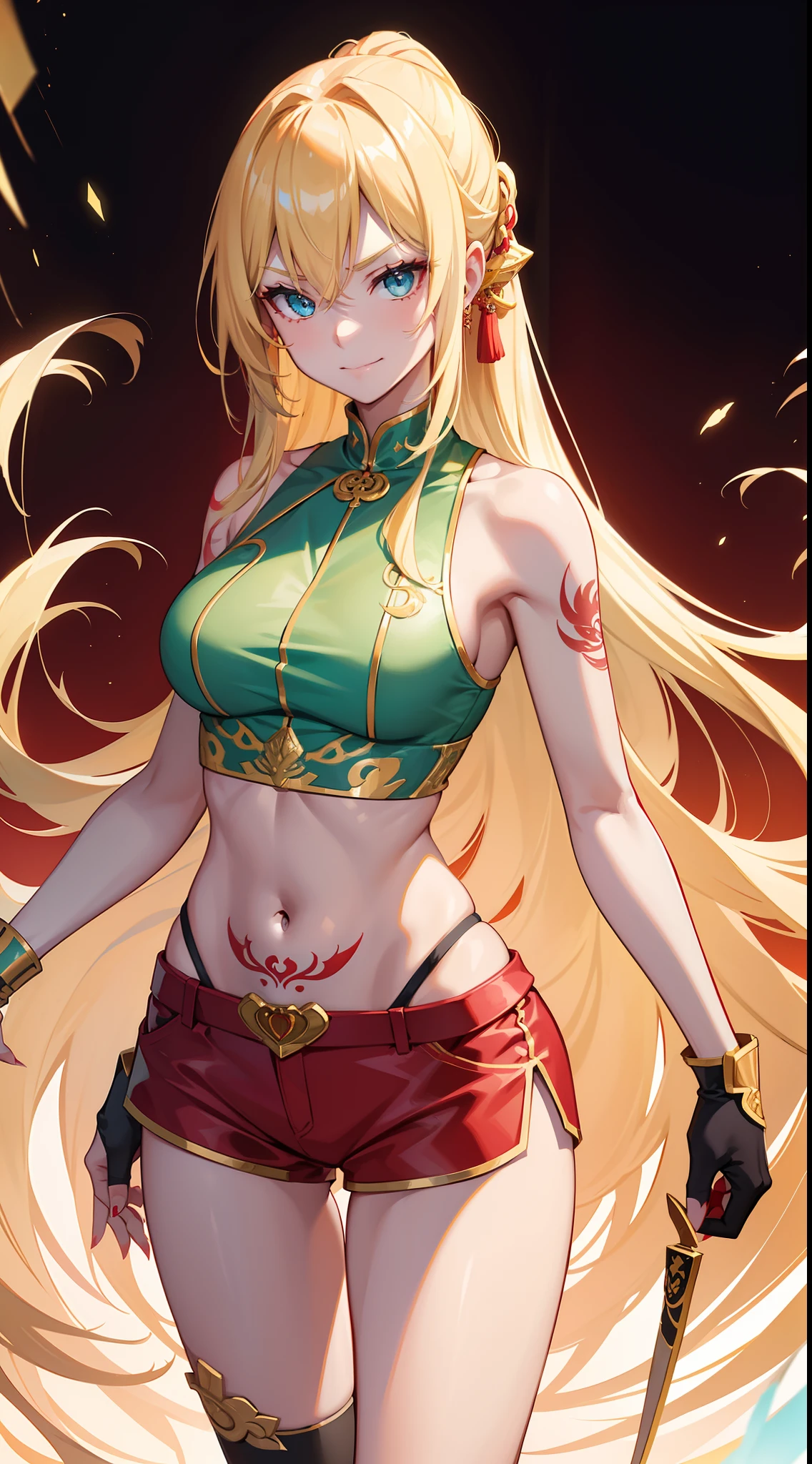 young girl, longue blonde hair, Hairpin with a bundle, turquoise eyes, Yakuza tattoos, red tight uniform, Sleeveless, Wide neckline on the chest to the abdomen, Gold Elements, Red gold armor, Shorts, claws, smirk, Masterpiece, hiquality, 4k, HD, Good detail