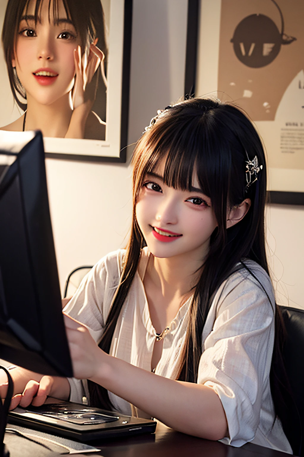 (((Look here and smile)))、18year old、(Previous Focus)、Portrait of a woman、Fantasy Art、photoRealstic、Dynamic lighting、art stations、poster for、Volume Lighting、Very cute face、、Award-winning、(Bright clothing:1.4)、