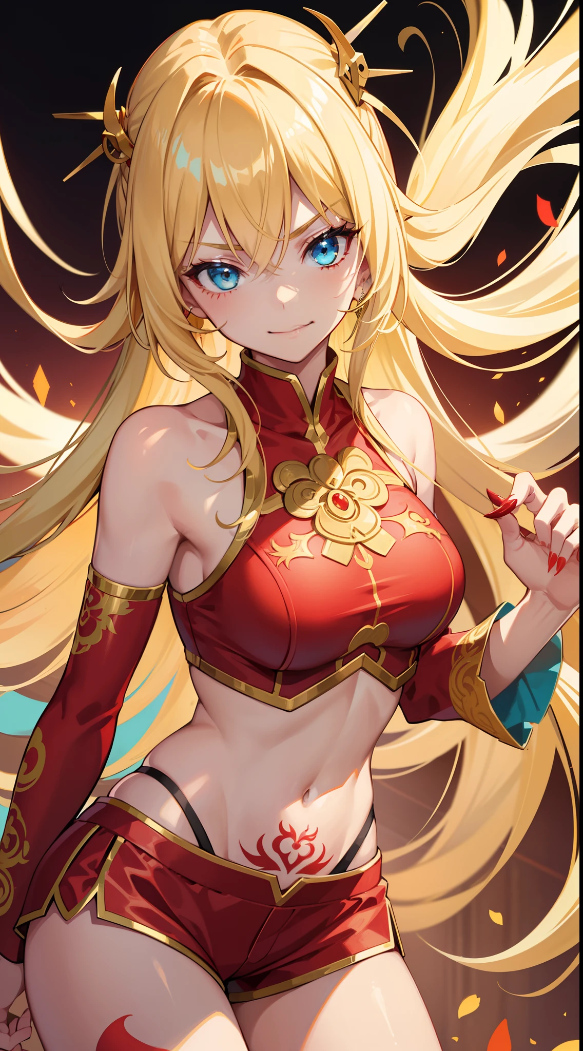 young girl, longue blonde hair, Hairpin with a bundle, turquoise eyes, Yakuza tattoos, red tight uniform, Sleeveless, Wide neckline on the chest to the abdomen, Gold Elements, Red gold armor, Shorts, claws, smirk, Masterpiece, hiquality, 4k, HD, Good detail