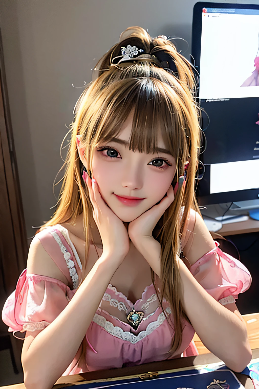 (((Look here and smile)))、18year old、(Previous Focus)、Portrait of a woman、Fantasy Art、photoRealstic、Dynamic lighting、art stations、poster for、Volume Lighting、Very cute face、、Award-winning、(Bright clothing:1.4)、