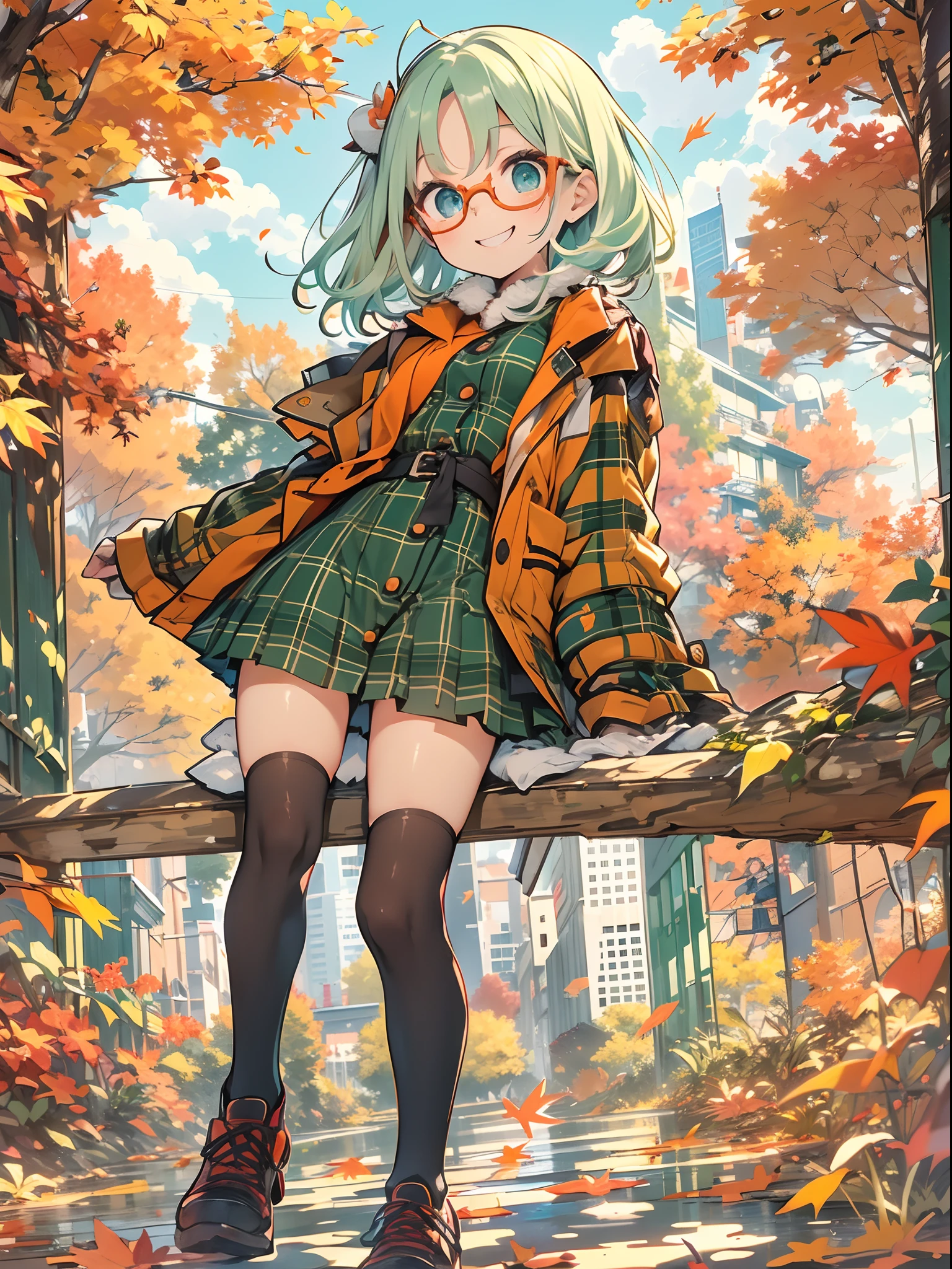 (Masterpiece), (kawaii:1.4), A girl, smiles,(Green tartan plaid dress in Red-orange Based jacket:1.2)open-fronted jacket, thighhighs, (not large tasty, Small breasts), (deep blue eyes), (Pale green hair, Short hair, forehead, Small pigtails), (red-half-rimed glasses), shot from the grand, from below, dynamic Pose, autumn background, Ultra-detailed background, high contrast, autumn sky, autumn clouds, sitting on a pavilion looking at the sky. Calm atmosphere, gentle smiles, mild climate.