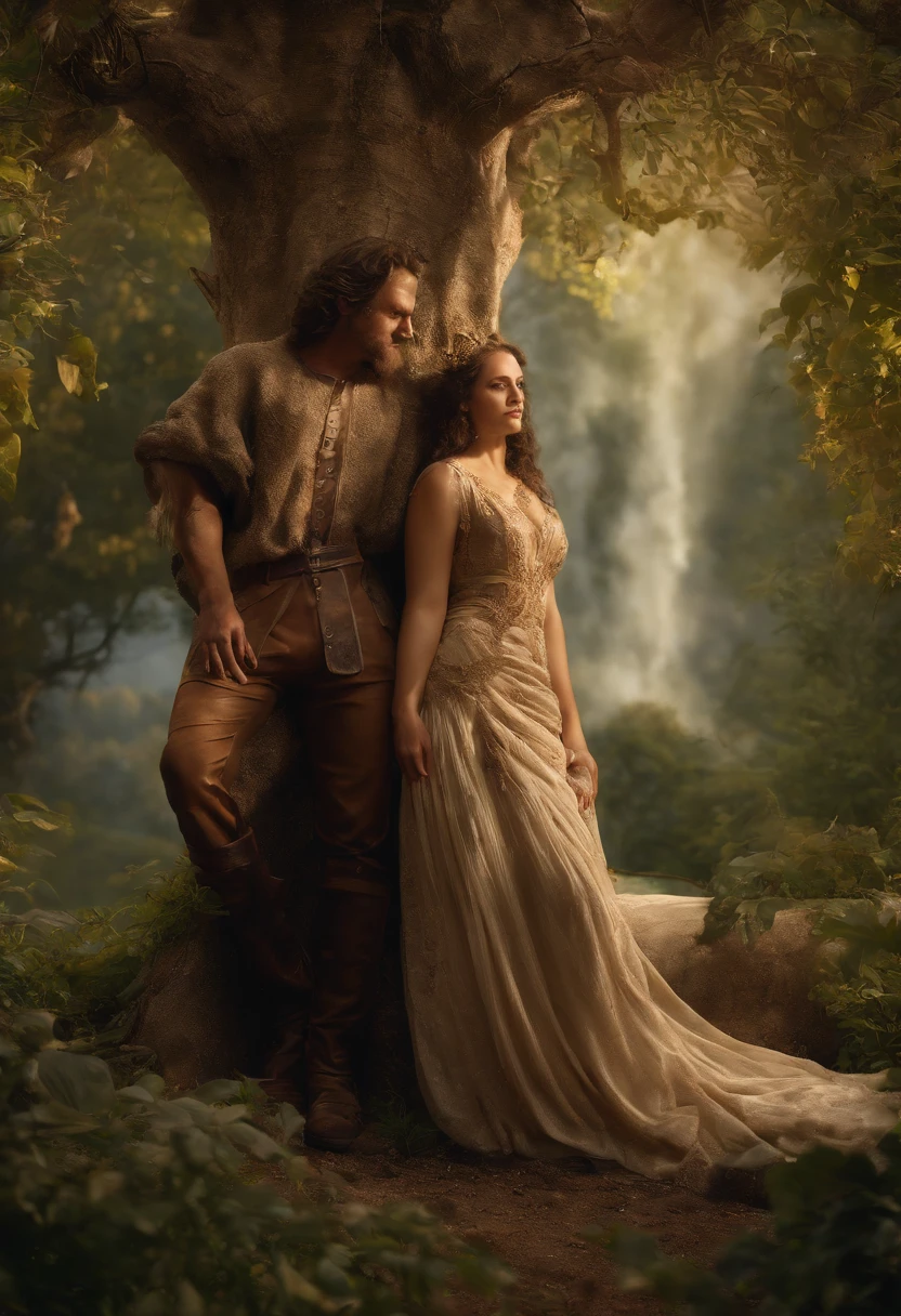 (best quality,4k,highres,masterpiece:1.2),detailed representation of Adam and Eve in the Garden of Eden,photorealistic,classic art,portrait,landscape,romantic scenery,natural lighting,warm tones,serene atmosphere,expressive faces,historical interpretation,subtle brushstrokes,vibrant colors,historical accuracy,gorgeous nature,Nature,grandeur,peaceful setting,beautiful lush garden,tree of life,exquisite botanical details,harmony between humans and nature,fascinating wildlife,captivating composition,dreamy ethereal feel,sunlight streaming through leaves,rich textures symbolizing fertility and abundance,tender and caring interaction between Adam and Eve,playful animals flirting with the couple,gentle breeze caressing the lush greenery.