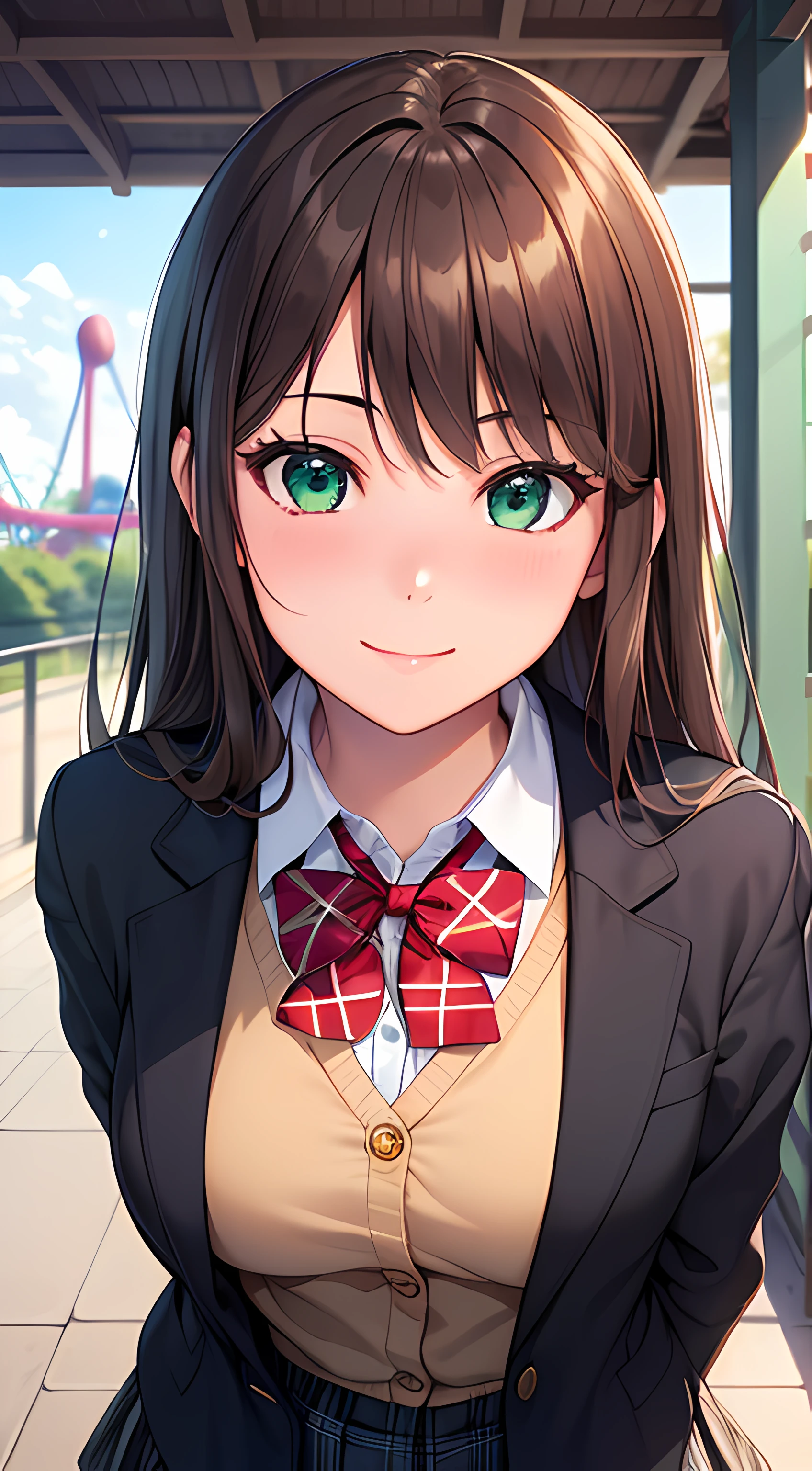 ((masterpiece, best quality, highres, UHD, perfect pixel, depth of field, 4k, RTX, HDR))), 1girl, single, solo, beautiful anime girl, beautiful artstyle, anime character, ((long hair, bangs, brown hair)), ((green eyes:1.4, rounded eyes, beautiful eyelashes, realistic eyes)), ((detailed face, blushing:1.2)), ((smooth texture:0.75, realistic texture:0.65, photorealistic:1.1, anime CG style)), medium breasts, dynamic angle, perfect body, ((portrait, pov)), ((red bowtie, school uniform, black jacket, open jacket, brown cardigan, white shirt, black skirt, plaid skirt)), smile, leaning forward, hands behind back, amusement park