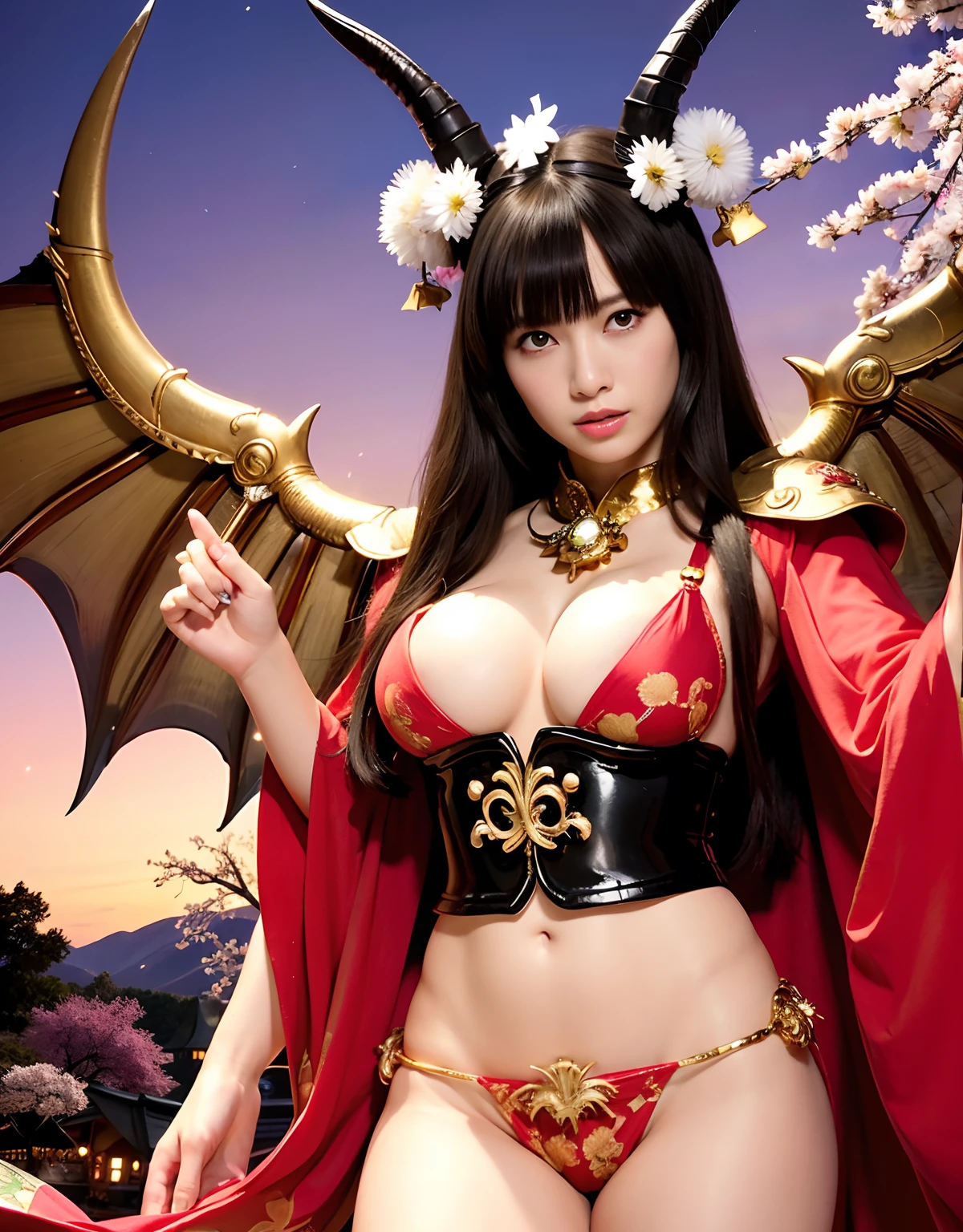 ((World of Darkness)),Professional , ​masterpiece、top-quality、photos realistic , depth of fields 、（sexypose）、(Background of cherry blossoms in full bloom),（Ultimate Beauty）、A dark-haired、（White bikini armor)、（Kimono with beautiful pattern）、（Night background）、（（a dark night））,(Wear a beautiful kimono),（Wear a beautiful kimono with colorful floral patterns）、Jewel Gold Weapon、Particles of light),（Has a devil's mask）、Gorgeous gold weapons ,（（ Gorgeous Dragon Sword）） , （a dark night）,,（maikurobikini） 、（（Black Haired Beautiful Girl））、（Castle background）、（demonic wings）、（（Gangle's forest background））、Beautiful Caucasian beauty、１a person、dynamic ungle,(((Two devil's horns on the head)))、Smaller head、Idle Smile、Thin and beautiful female hands、Mystical expression、Light Effects、intense fighting、Wind-effect、magic circles、With the legendary magic wand、Dragon's tail、
