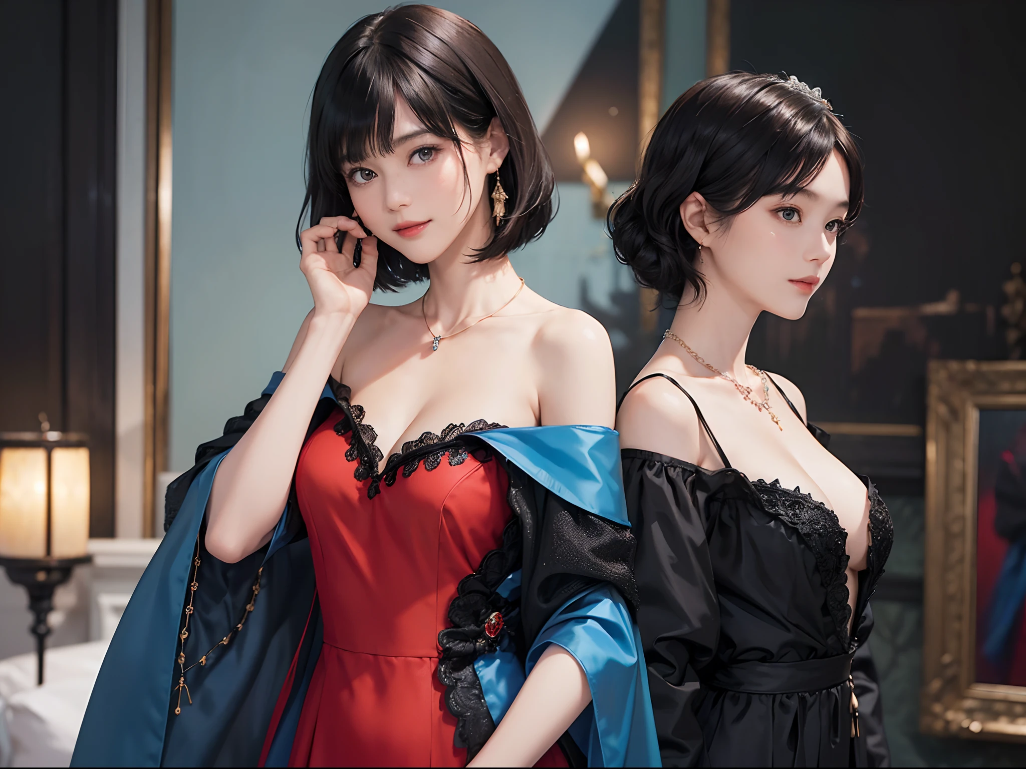 ((1womanl)), (((Black Shorthair))), (masuter piece:1,2)、top-quality、masterpiece、hight resolution、Original、highly detailed wallpaper、dress code、Luxurious necklace, A slight smil、a small face、(Breast)、(Red or blue dress)、Live-action style